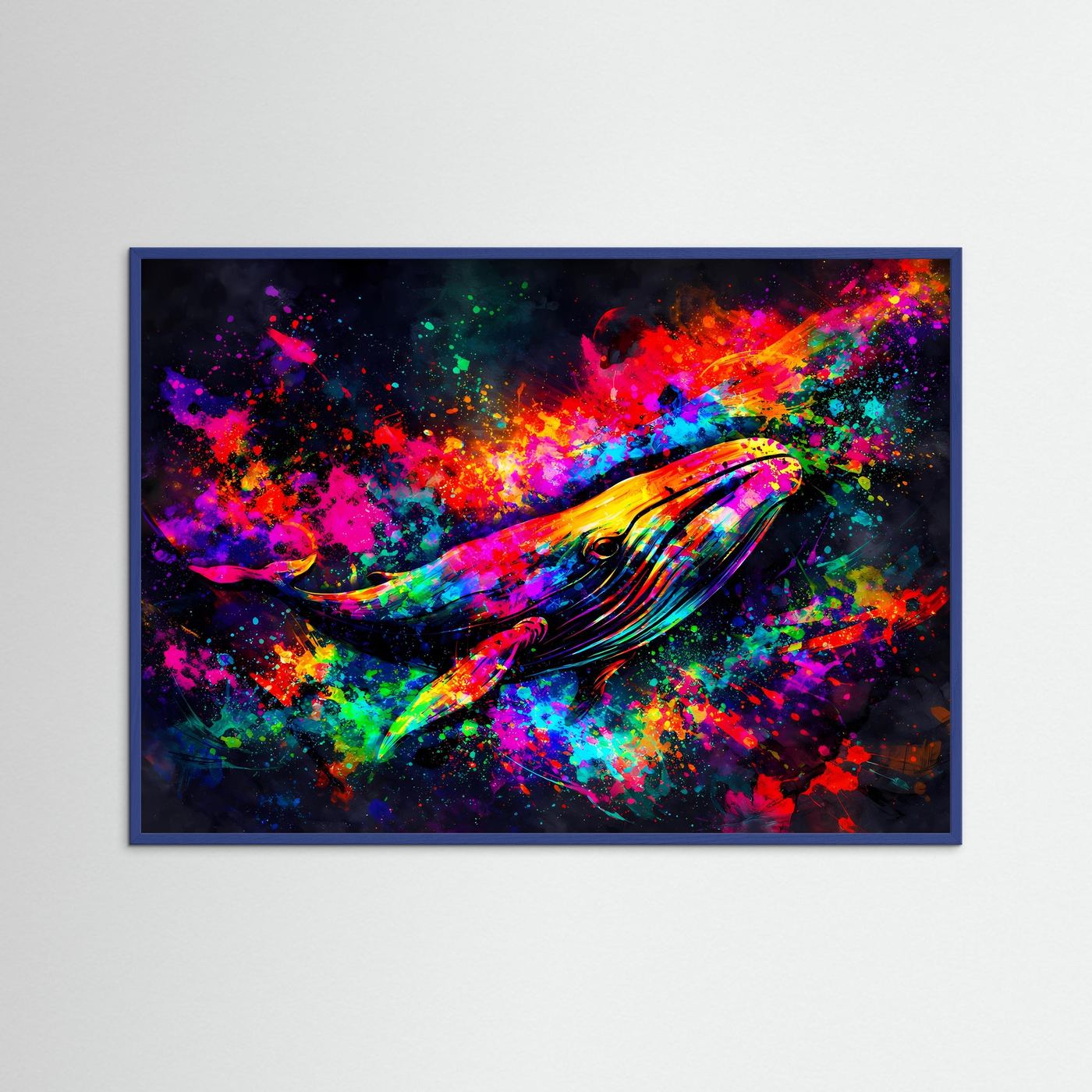 Querformatiges Pop-Art-Poster mit buntem Wal und Farbexplosionen im Splash-Stil
