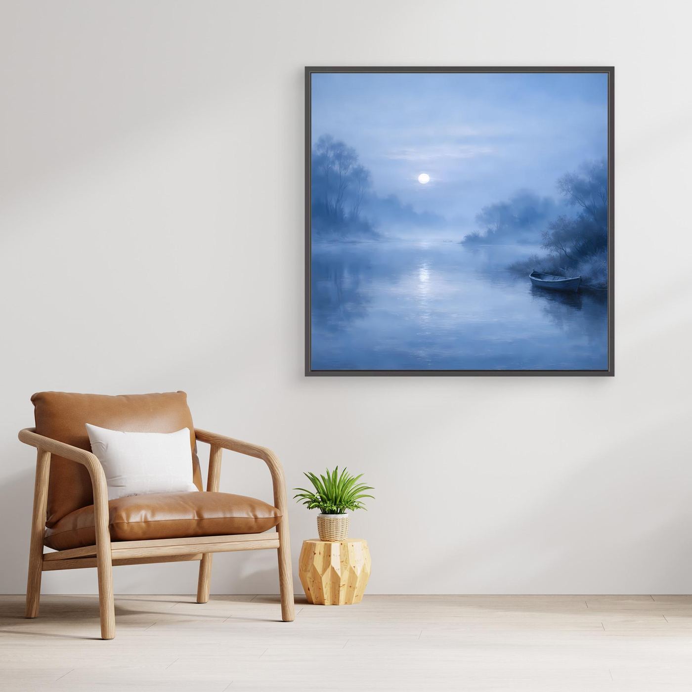 Quadratisches Leinwandbild mit dunklem Rahmen: blauer Mondschein-Fluss, Nebel, Boot