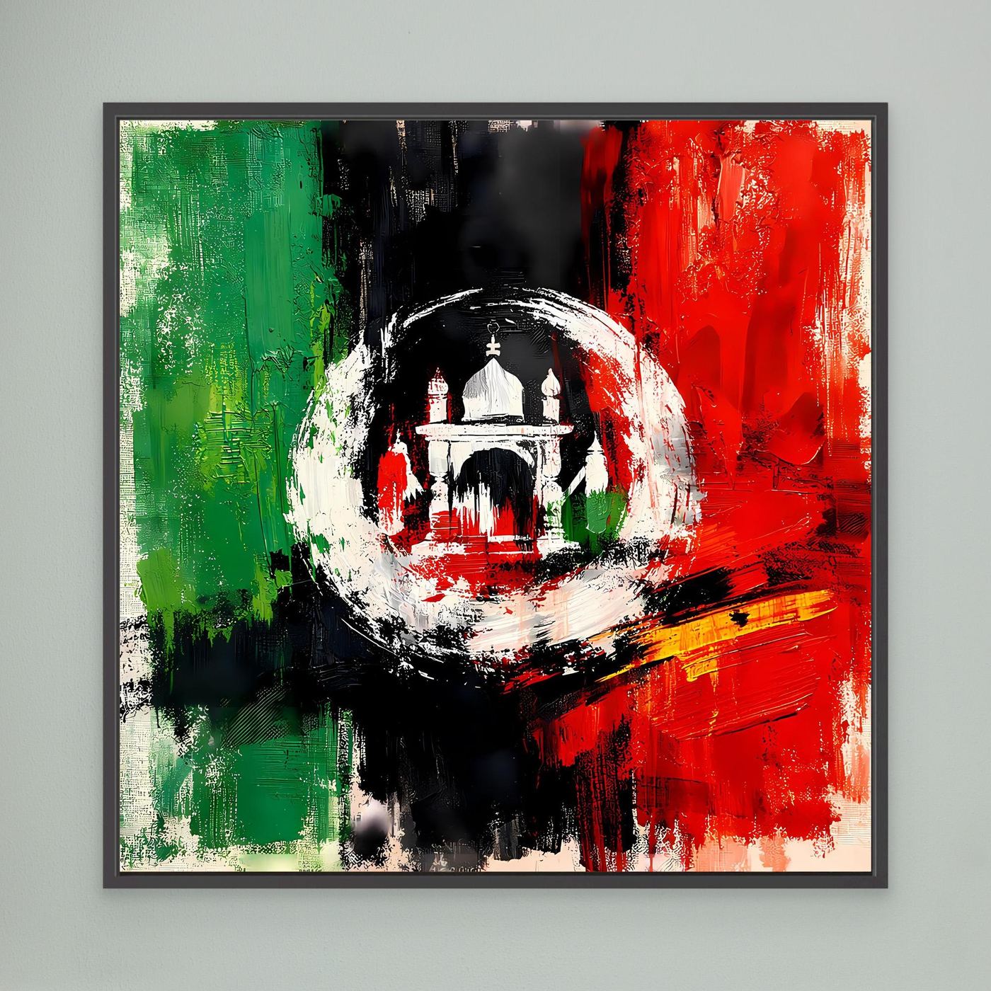 Black-framed canvas wall art with abstract Afghanistan flag colors and central emblem