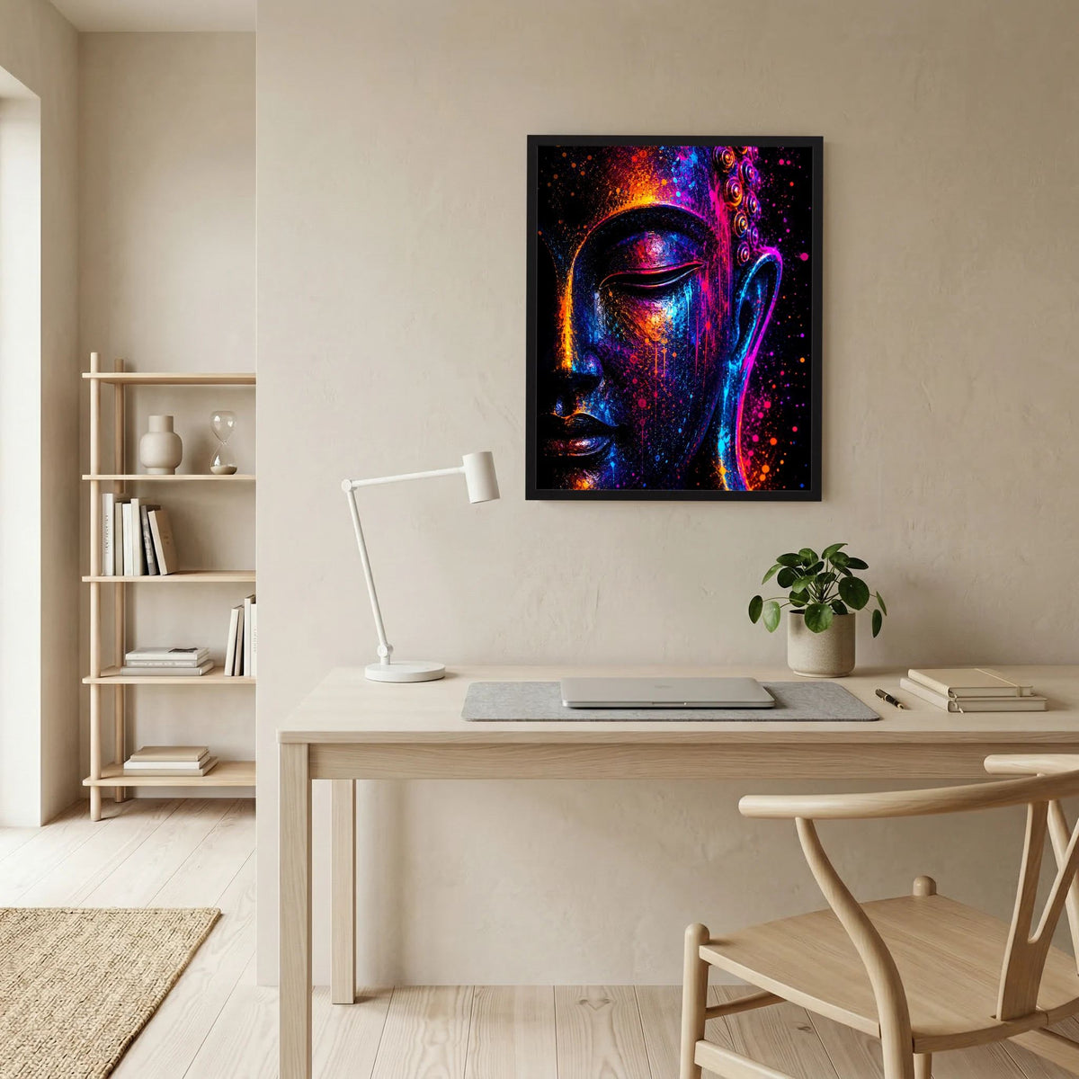 Kunstposter mit Buddha-Gesicht in Neonfarben, schwarz gerahmter Rahmen, sprenkeliger Effekt
