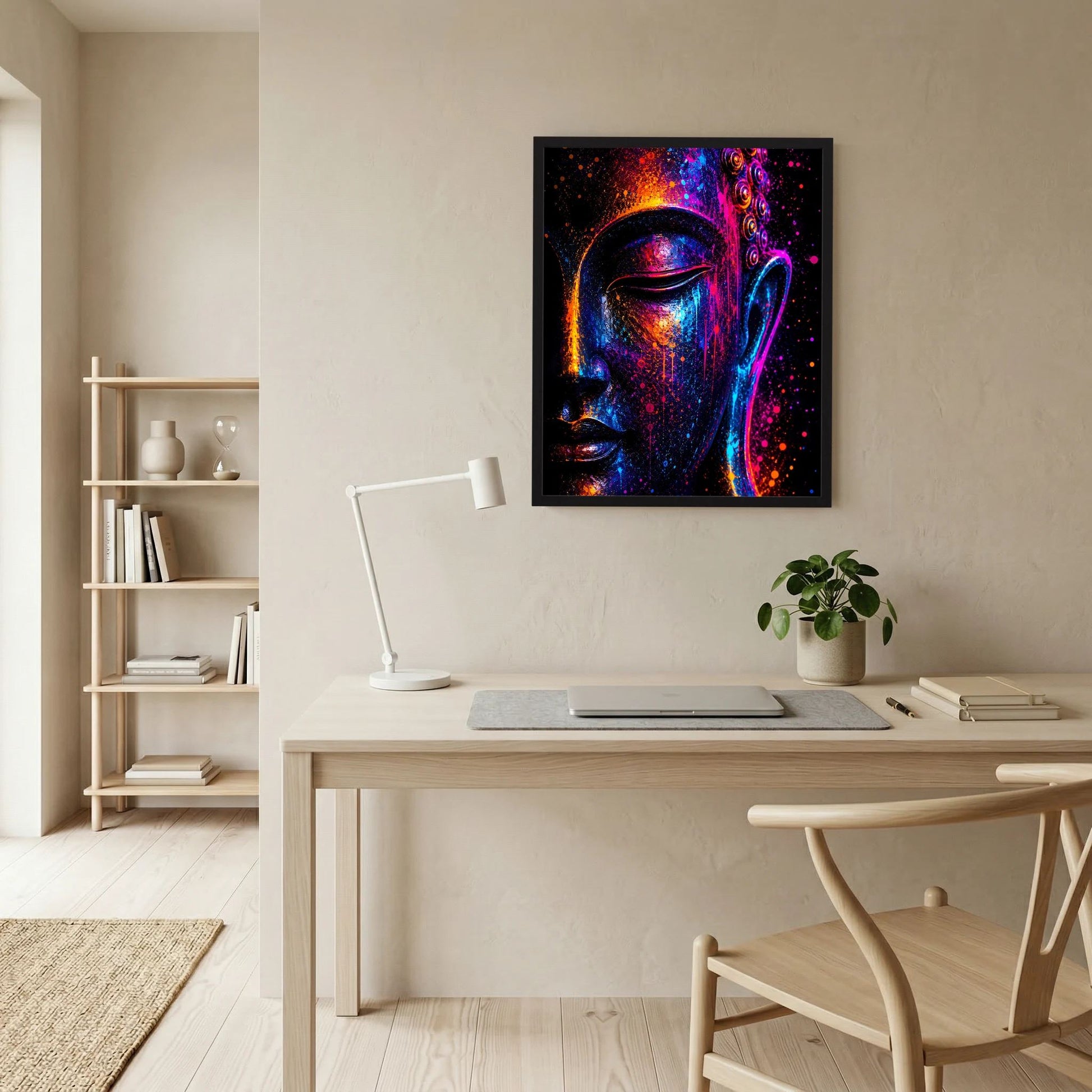 Kunstposter mit Buddha-Gesicht in Neonfarben, schwarz gerahmter Rahmen, sprenkeliger Effekt