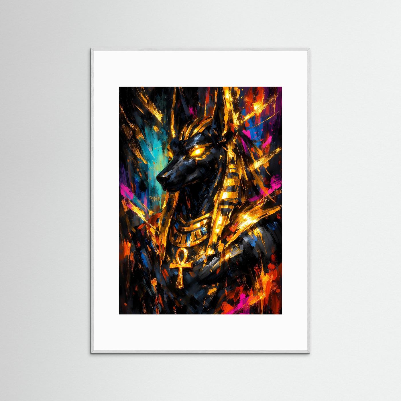 Ägypten-Poster mit Anubis in Neon- und Goldfarben, grauer Rahmen