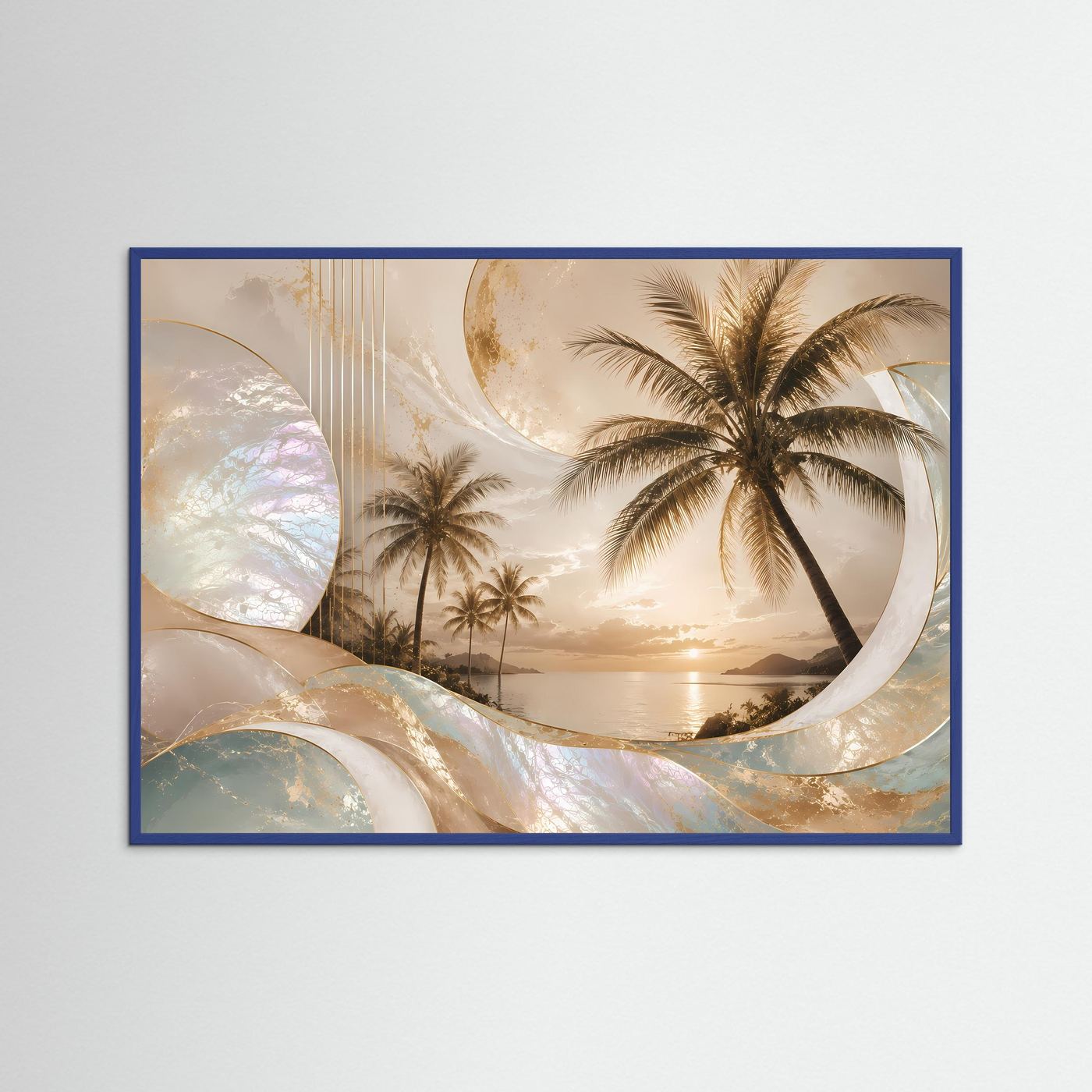 Poster Querformat mit Palmen und Sonnenuntergang, blau gerahmt