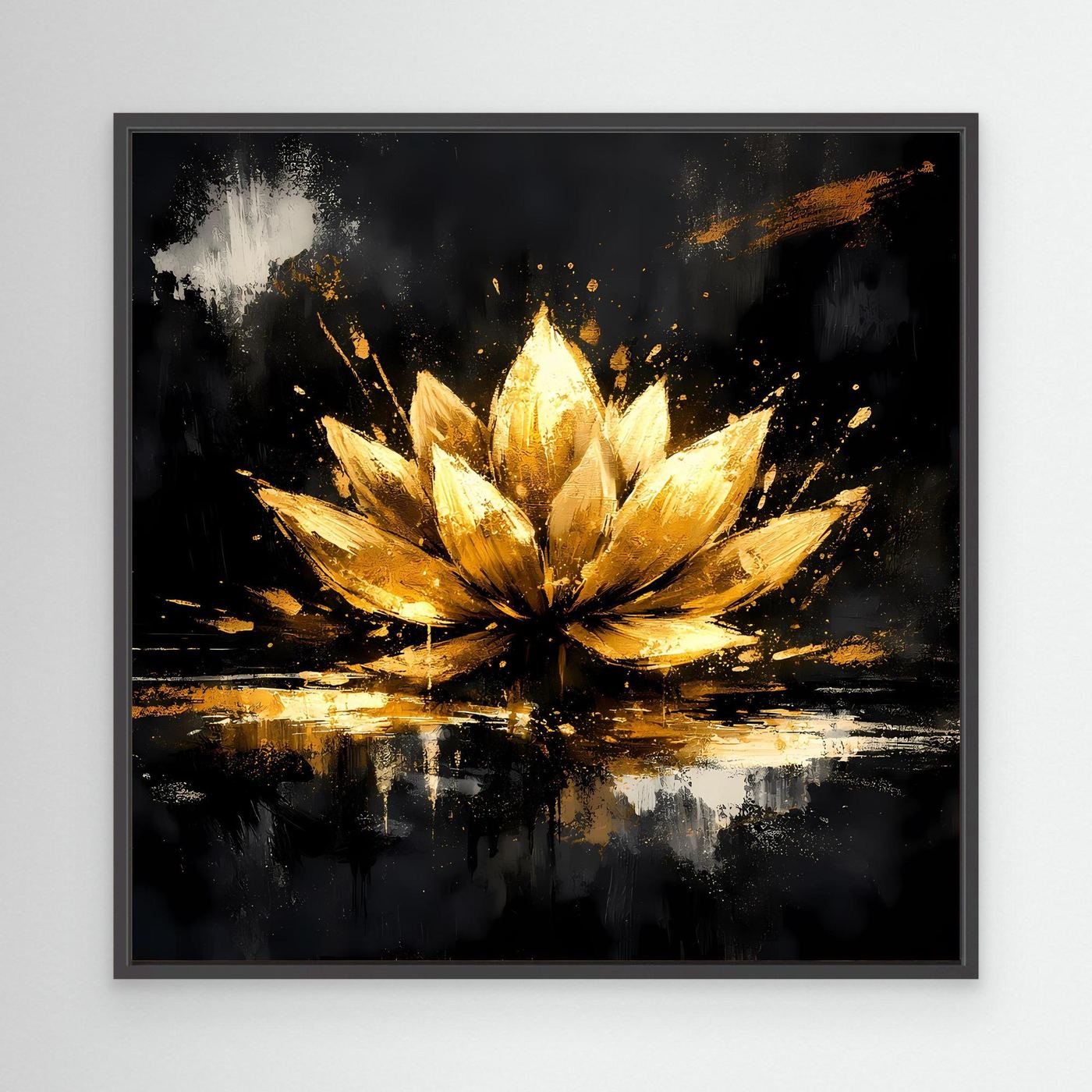 Leinwand Goldene Lotusblüte Abstrakt | Modernes Lotus Wandbild Schwarz Gold