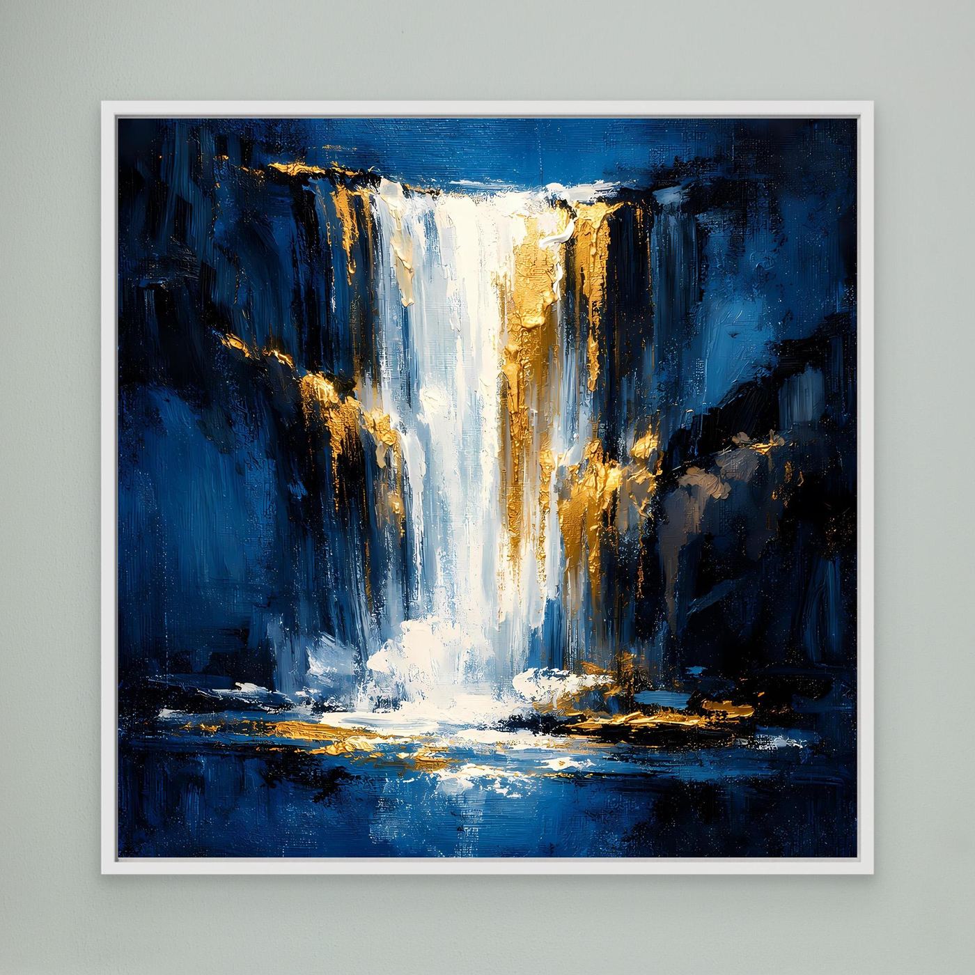 Leinwand Abstraktes Wasserfall Gemälde in Dunkelblau und Gold | Modernes Natur Wandbild