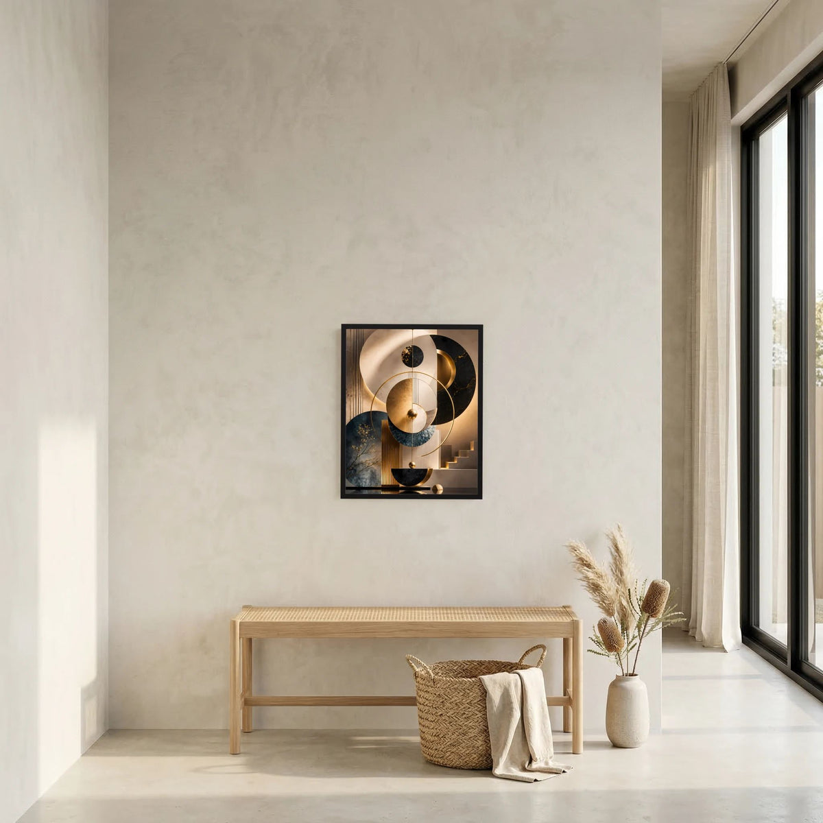 Gerahmtes abstraktes Poster mit gold-schwarzen Kreisen in Beige und Petrol