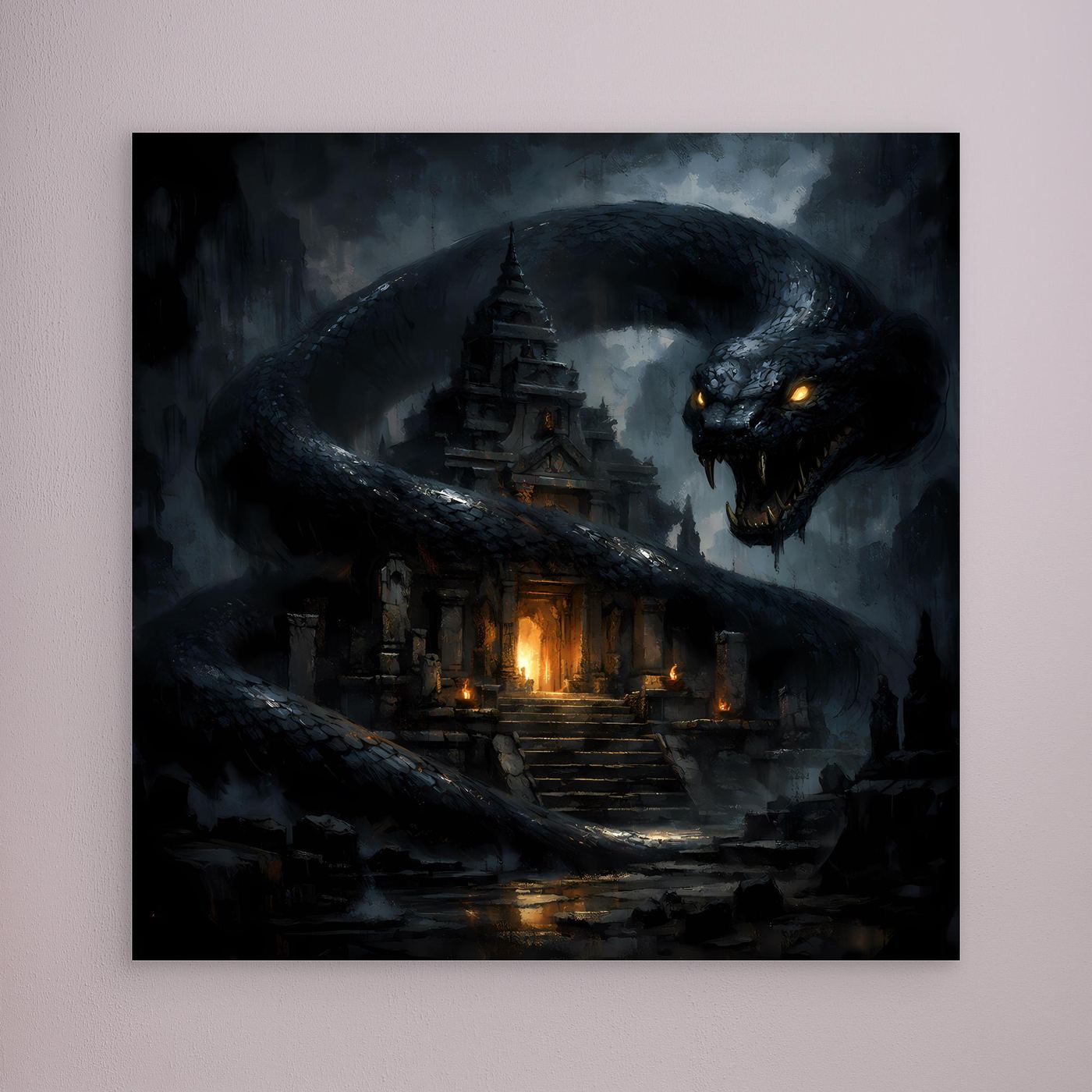 Leinwand Wächter des Tempels | Mystische Riesenschlange Fantasy Wandbild
