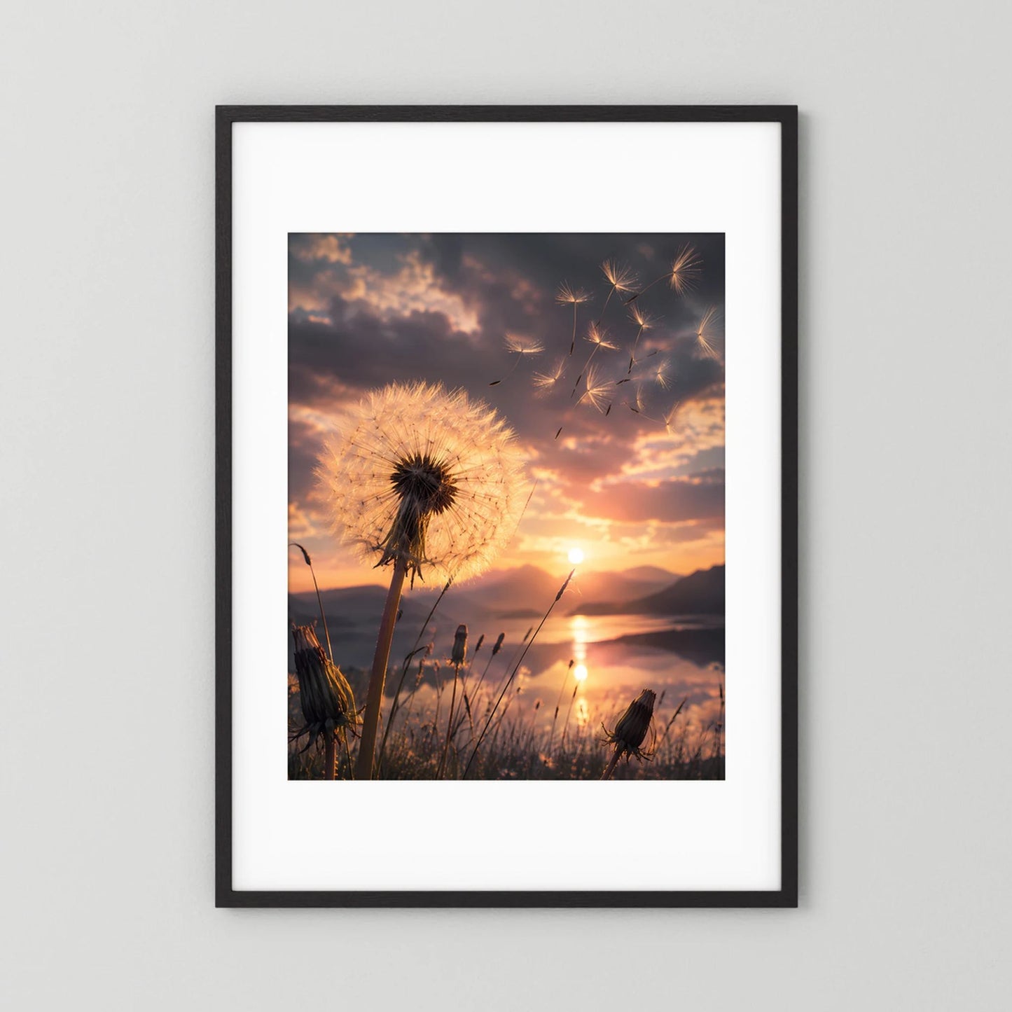 Poster mit Pusteblume im Sonnenuntergang in schwarzem Rahmen mit weißem Rand