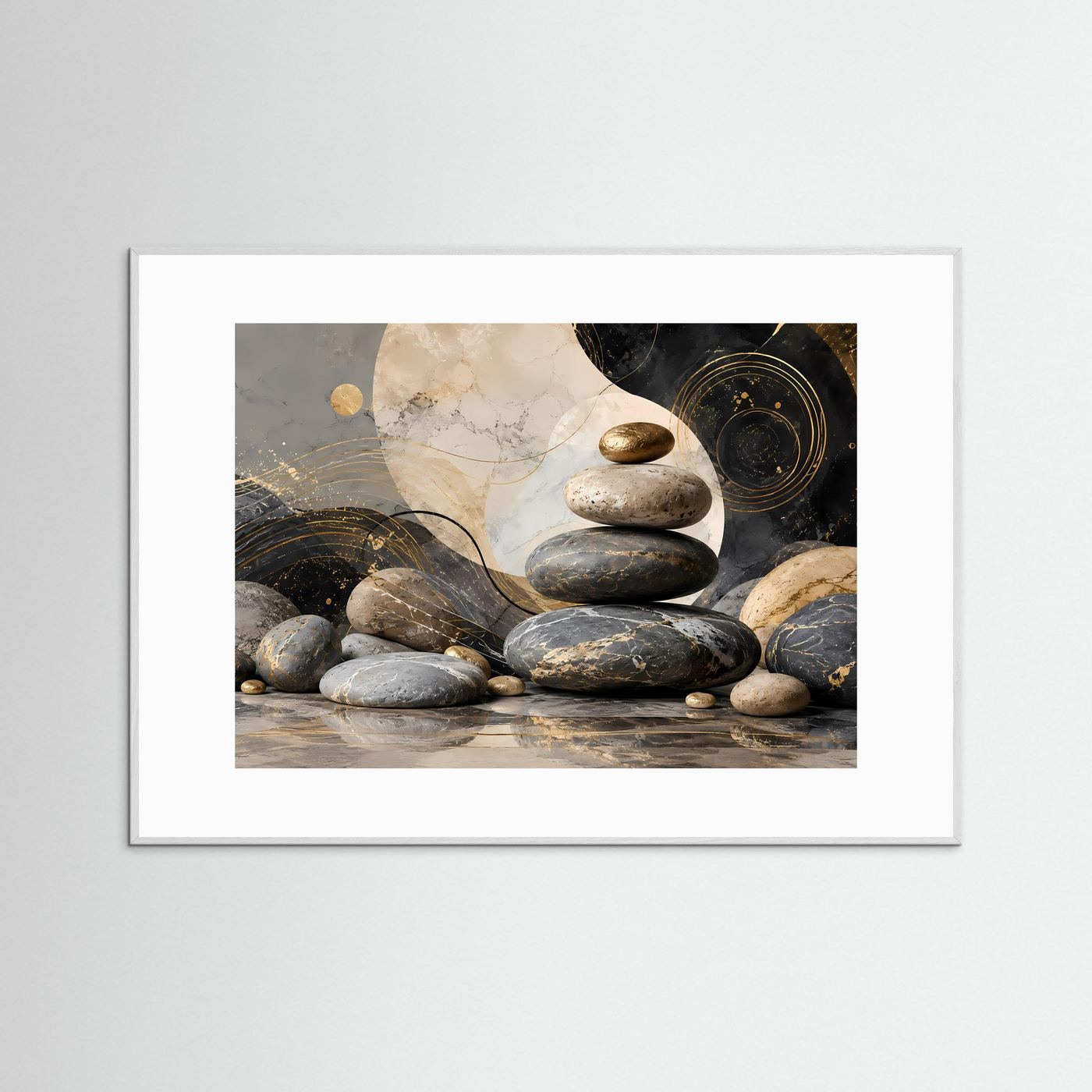 Zen Steine in Schwarz, Gold und Creme | Abstrakte Balance & Harmonie mit Marmorstruktur | Elegante moderne Wellness Kunst im Querformat
