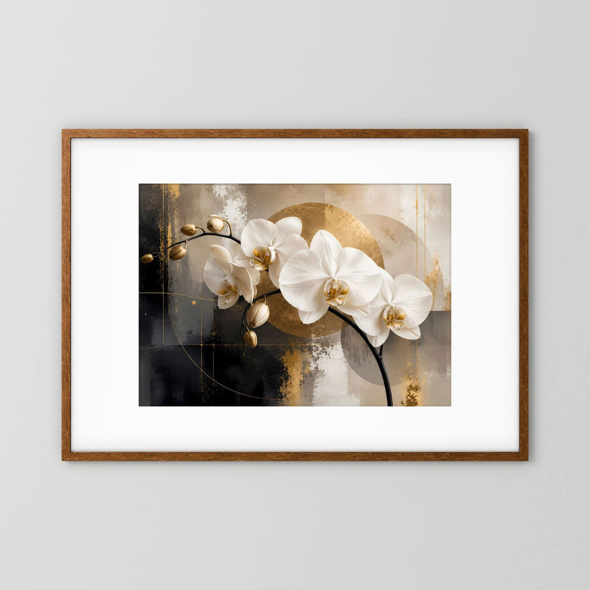 Querformatiges Orchideen-Leinwandbild mit weißen Blüten und goldenem Abstraktmotiv, braun gerahmt