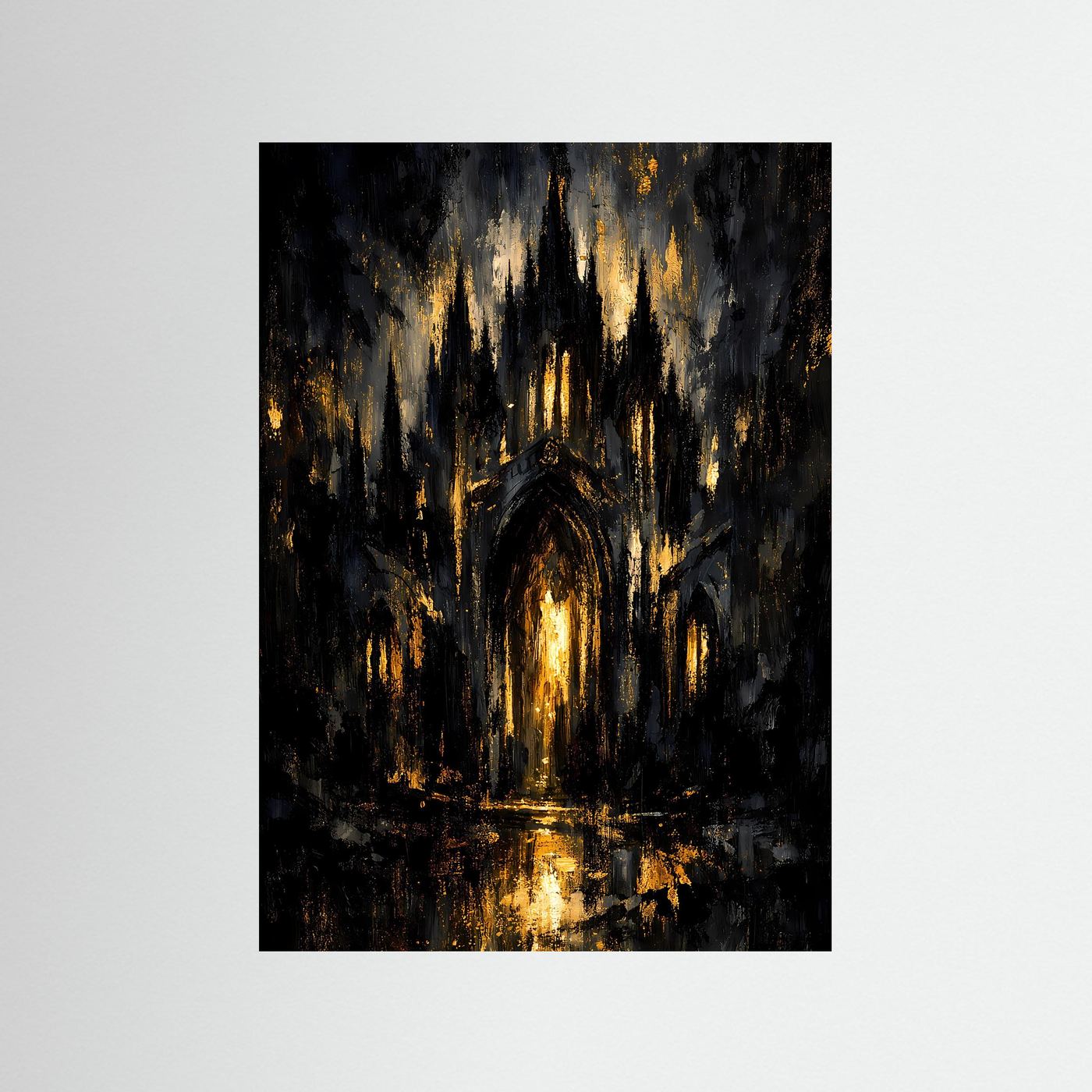 Kathedralenposter im Hochformat: dunkle Szene mit goldenen Lichtern und Torbogen