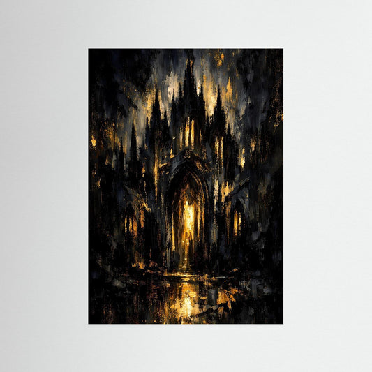Kathedralenposter im Hochformat: dunkle Szene mit goldenen Lichtern und Torbogen