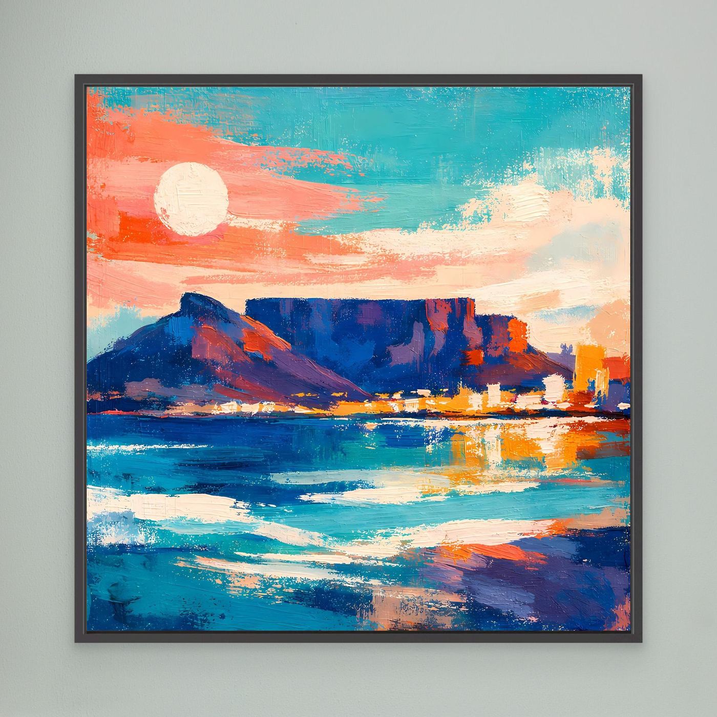 Abstraktes Leinwandbild: Küste mit Sonne, Meer, Berg und Stadt, schwarz gerahmt