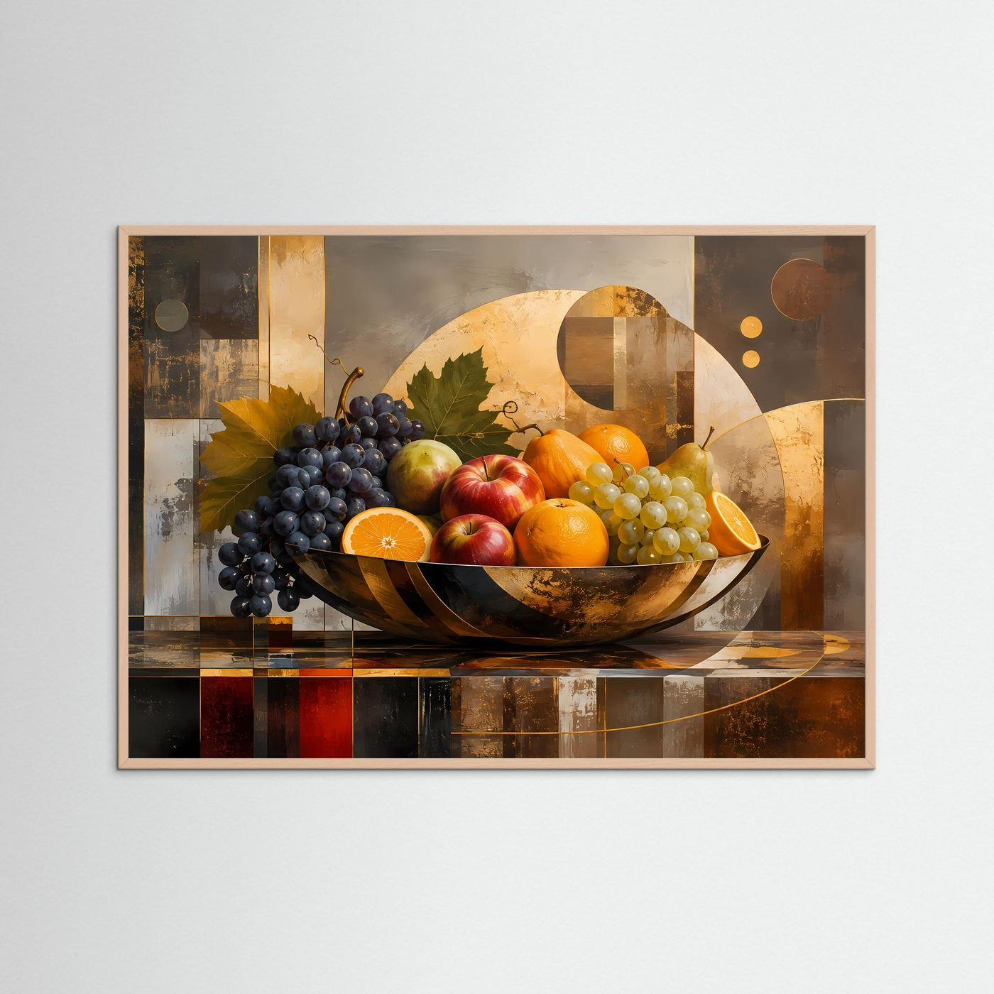 Querformat-Poster mit Obstschale und Weintrauben, umgeben von warmen Kreisformen