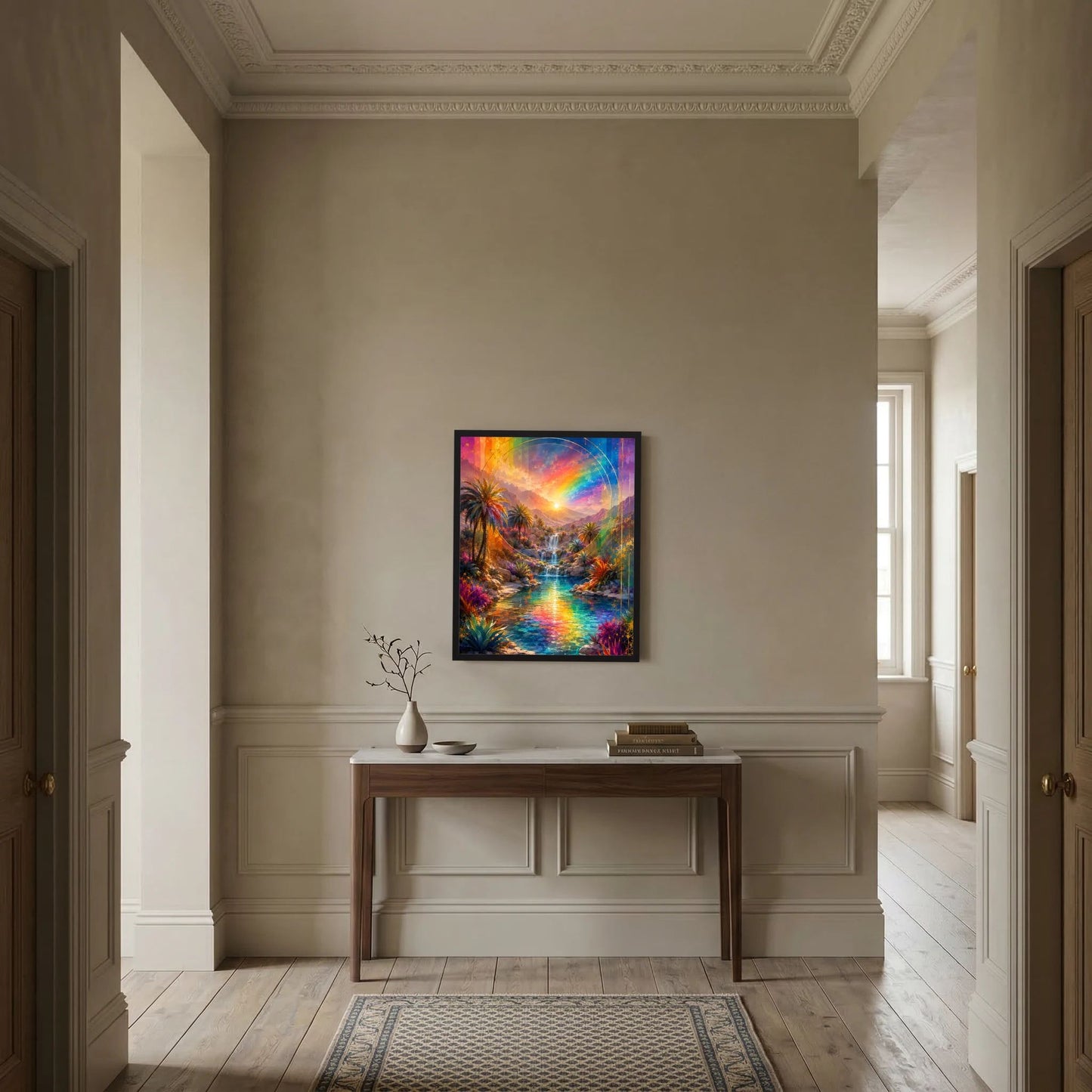 Gerahmtes Regenbogenlandschaft-Poster mit Wasserfall und Palmen an verzierter Wand.