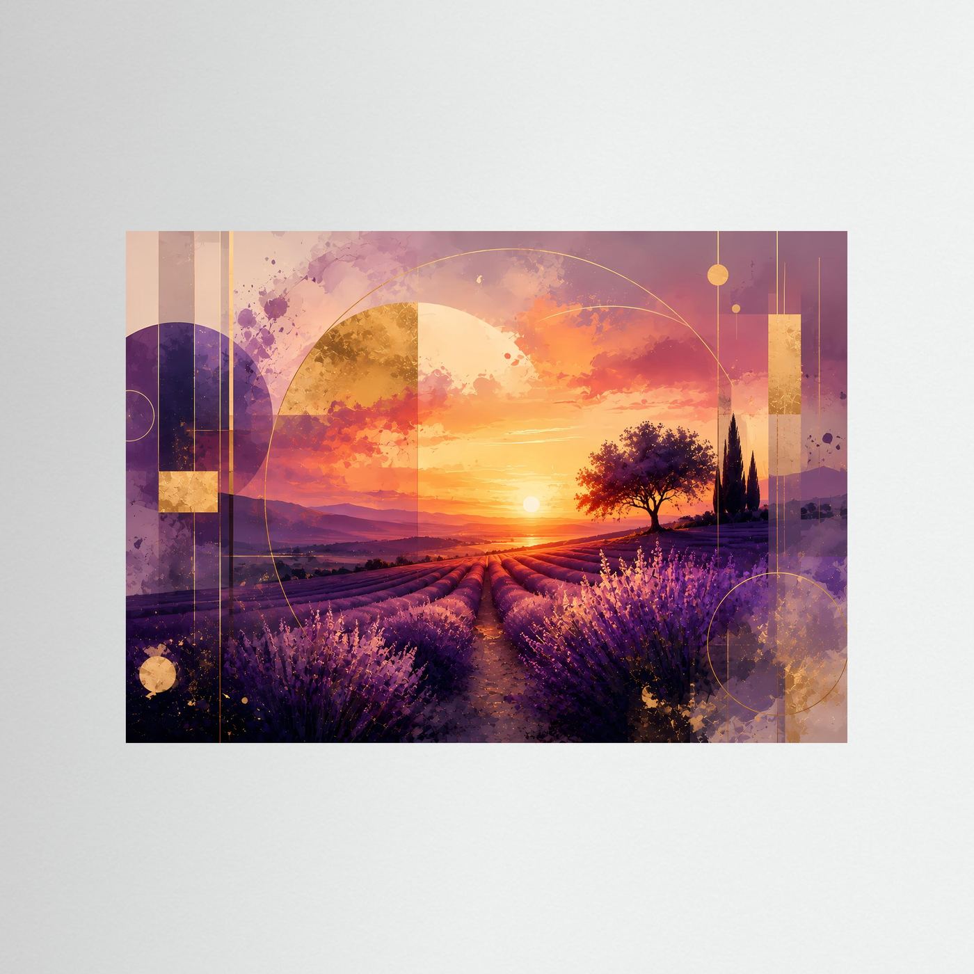 Abstrakter Kunstdruck mit Lavendelfeld bei Sonnenuntergang in Lila und Gold