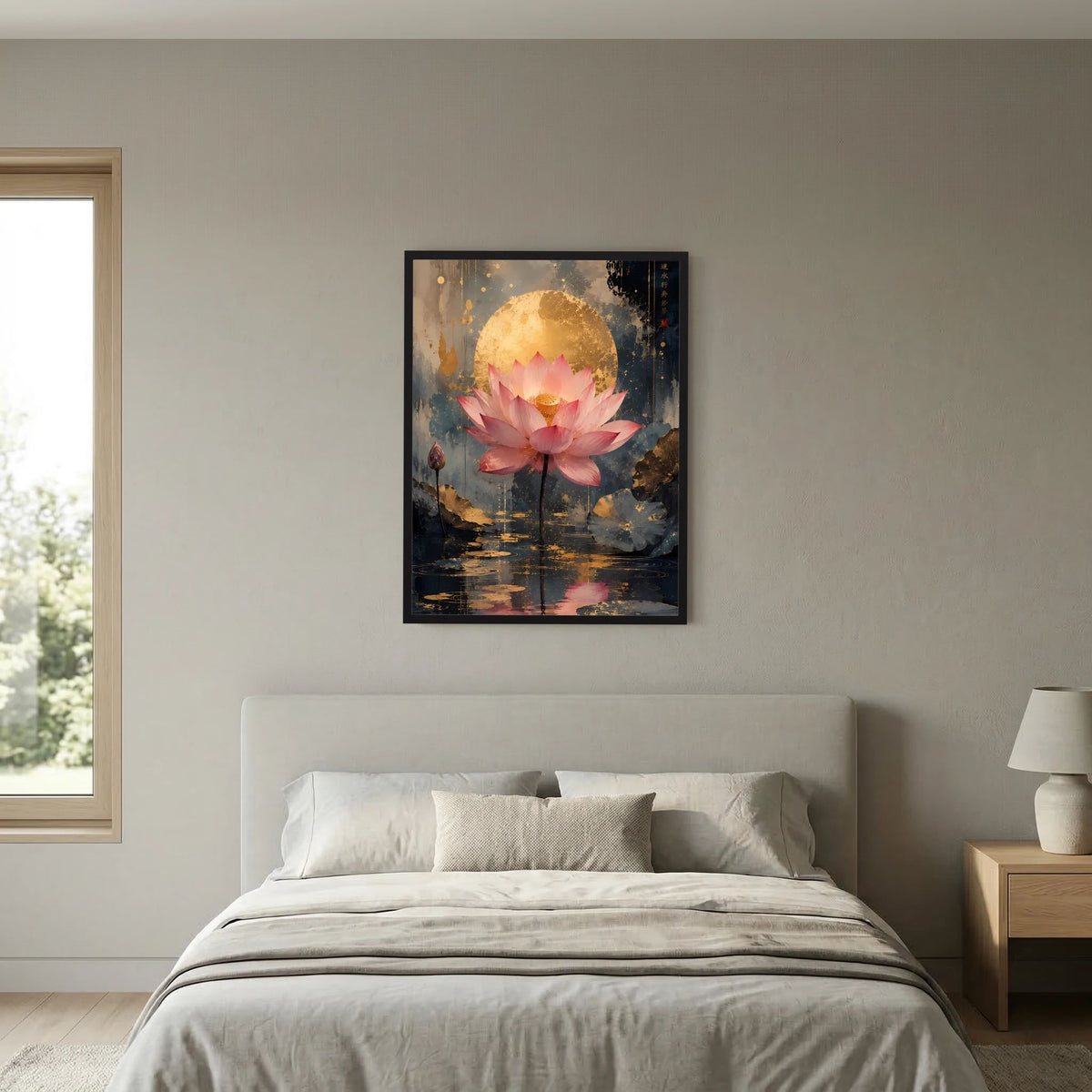 Poster an der Wand: rosa Lotusblüte, goldener Kreis, dunkles Wasser und Farbverlauf