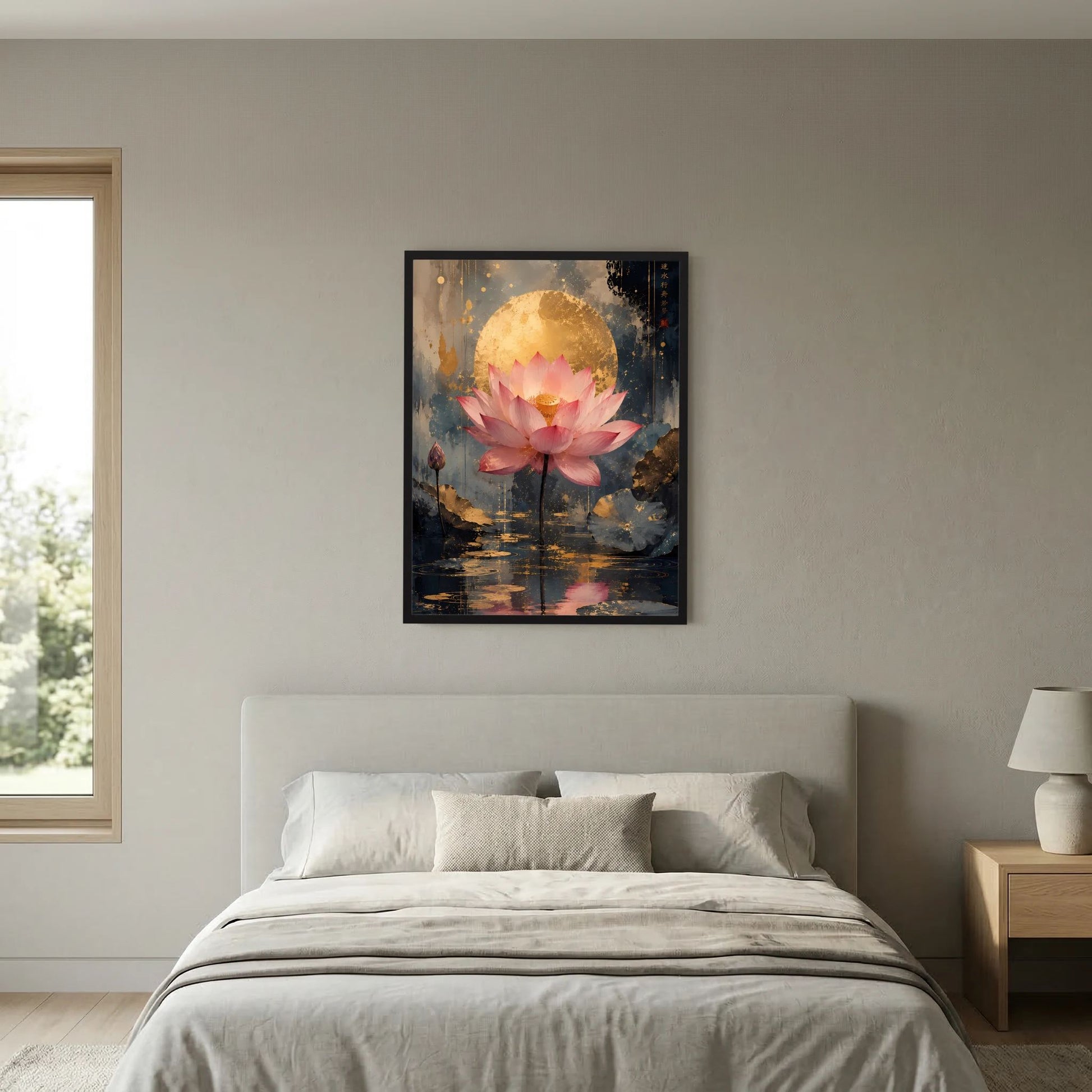 Poster an der Wand: rosa Lotusblüte, goldener Kreis, dunkles Wasser und Farbverlauf