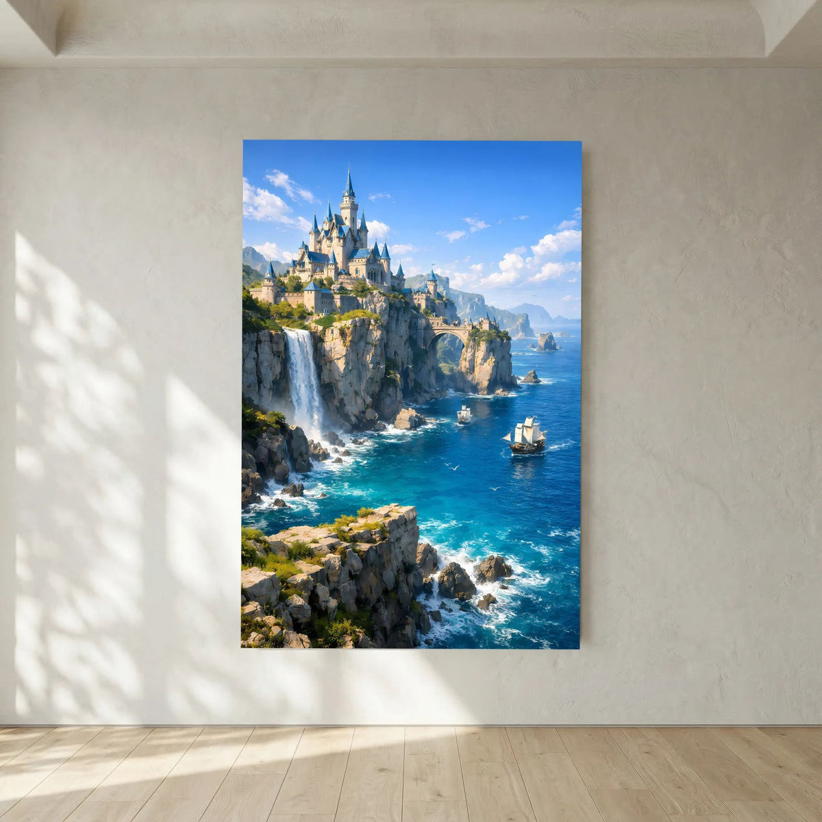 Hochkantiges Wandposter mit blauem Rand: Schloss an Klippen mit türkisblauem Meer