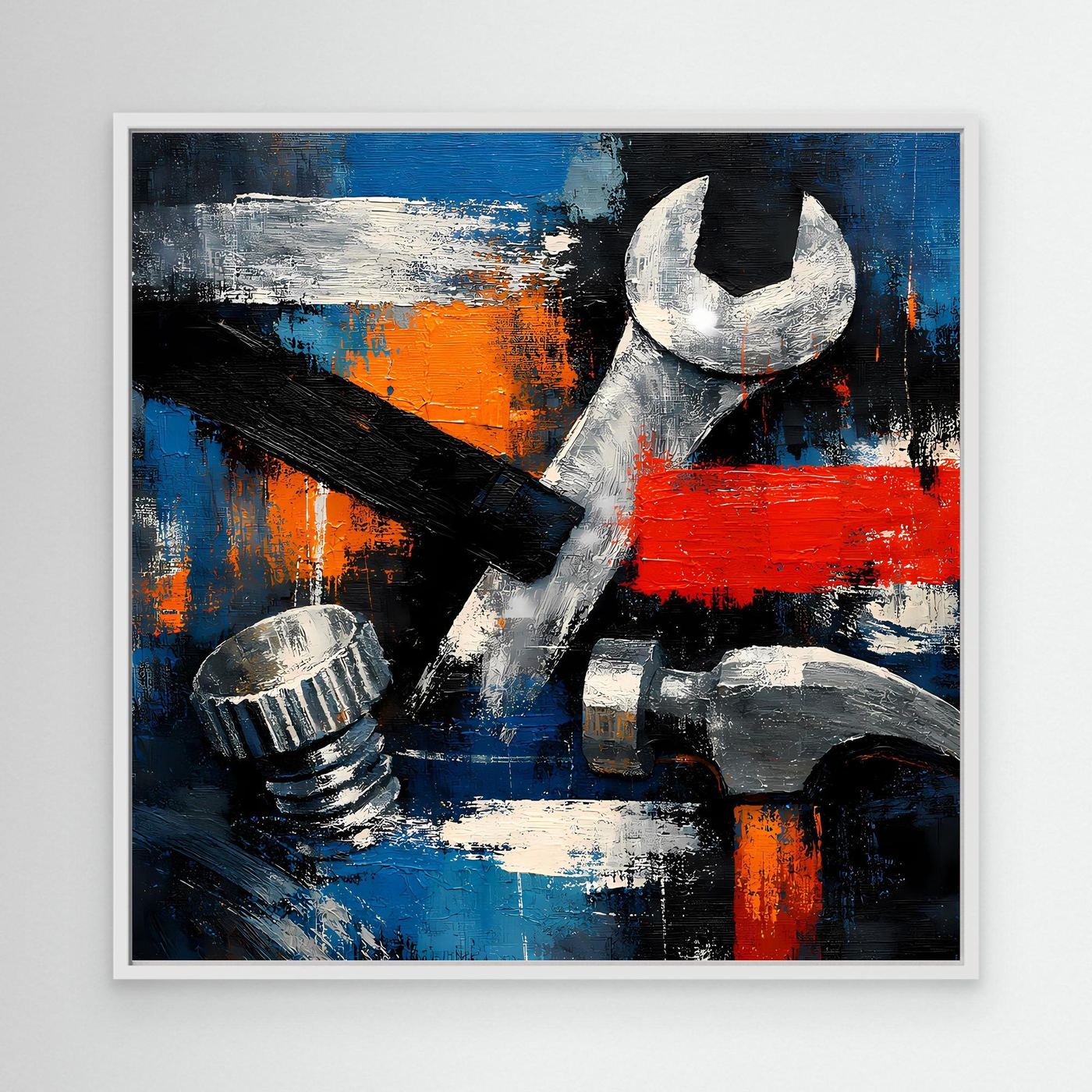 Abstract tools canvas wall art with wrench in white frame, red and blue paint strokes
