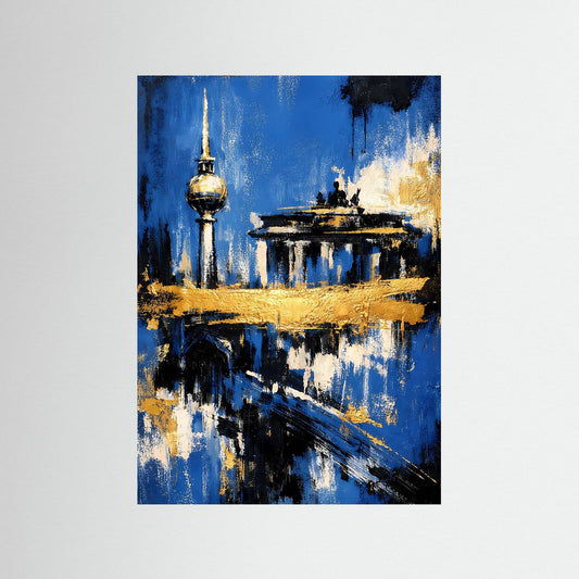Abstraktes Skyline-Poster: Fernsehturm und Bauwerk in Blau und Gold, Hochformat