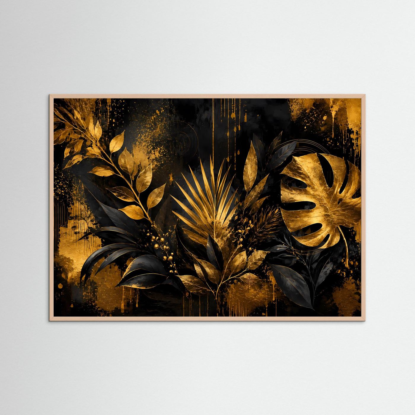 Tropenblatt-Poster im Querformat mit goldenen Blättern, rosafarbener Holzrahmen