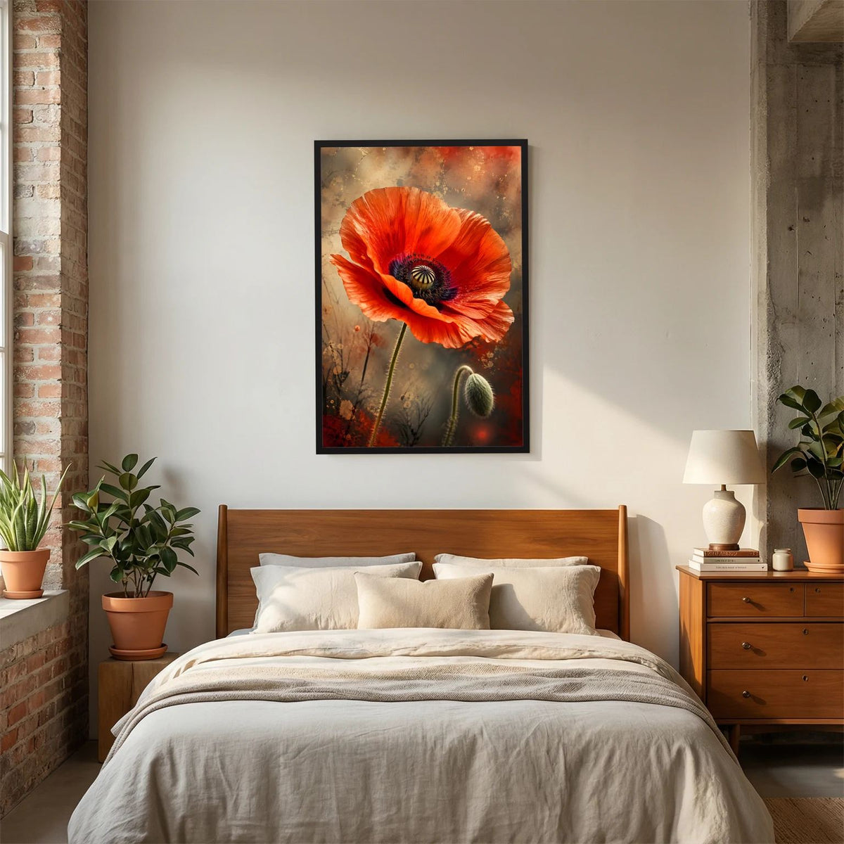 Mohnblumen-Poster mit roter Mohnblüte und Knospenmotiv, schwarzer Rahmen, Wandansicht