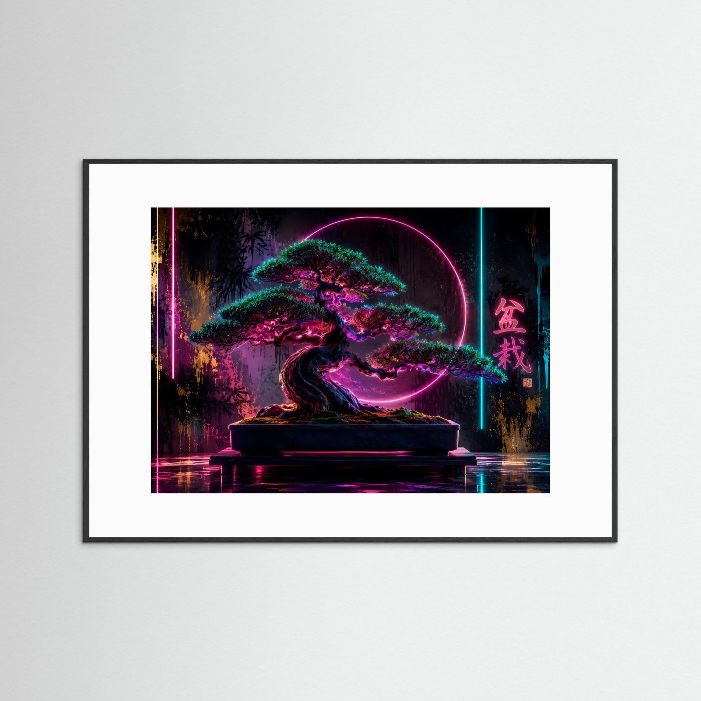 Neon Bonsai Poster | Japanische Zen Kunst | Cyber Bonsai Baum | Futuristische Wandkunst | Fine Art Print