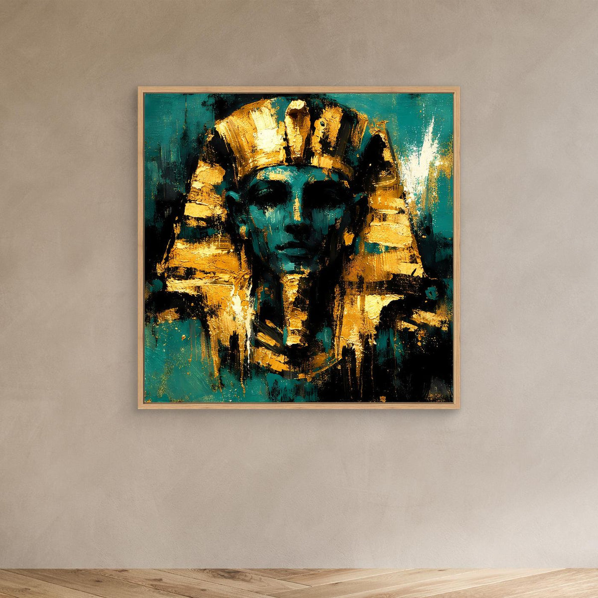 Leinwand-Wandbild mit Pharao in Türkis und Gold, Eichenrahmen