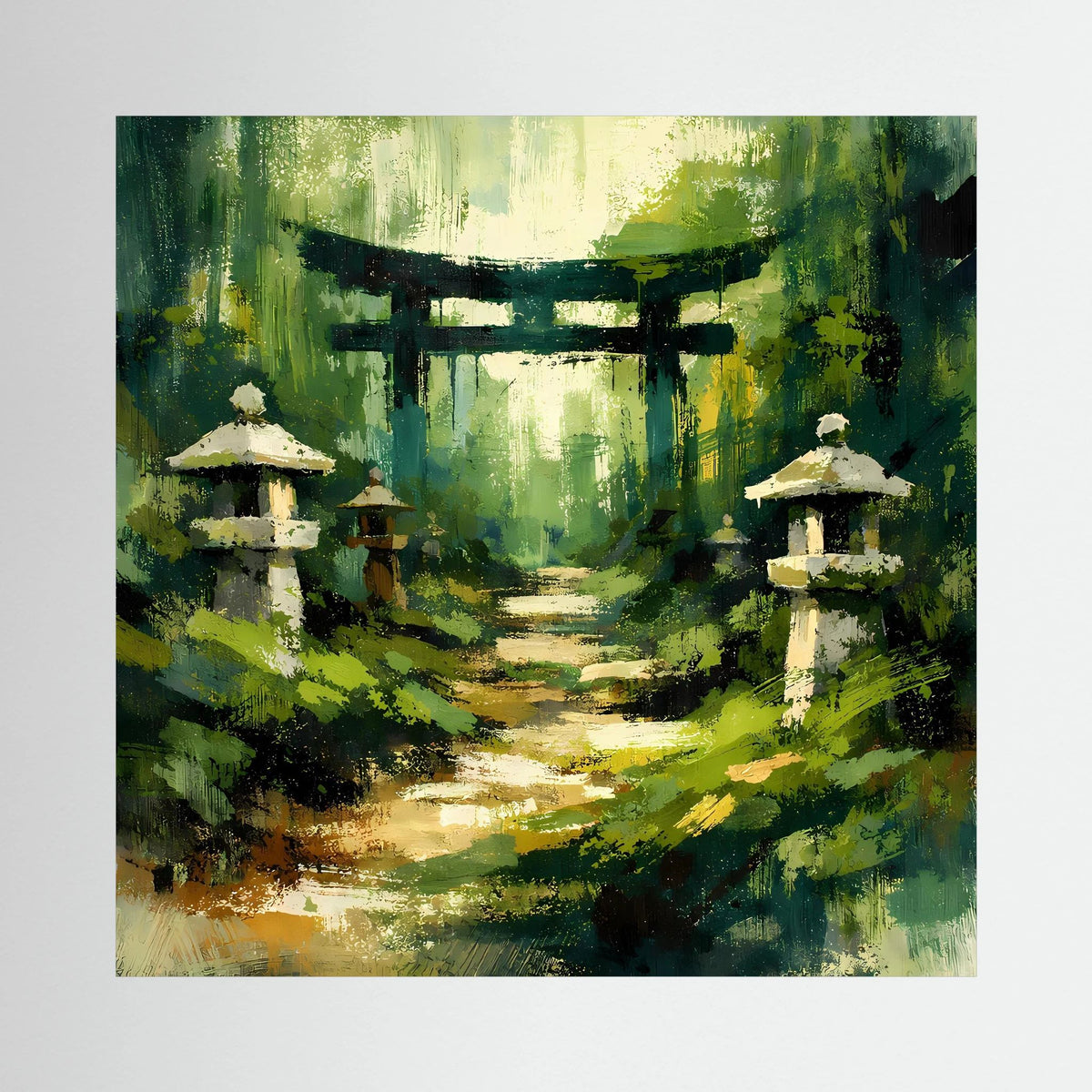 Quadratisches Leinwandbild: grüner Waldweg mit Torii-Tor und Steinlaternen