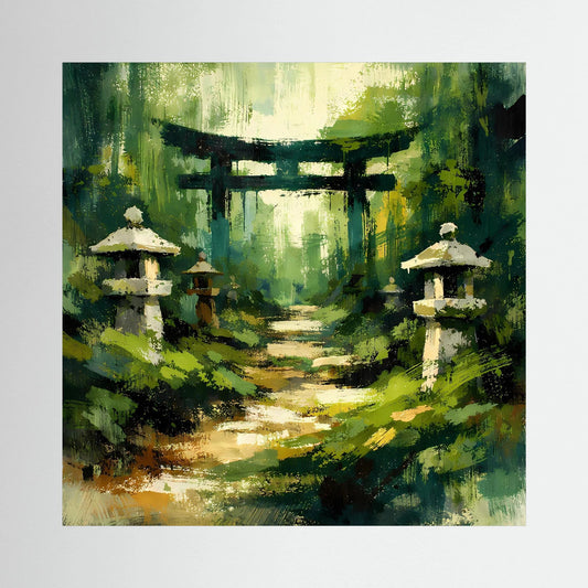 Quadratisches Leinwandbild: grüner Waldweg mit Torii-Tor und Steinlaternen