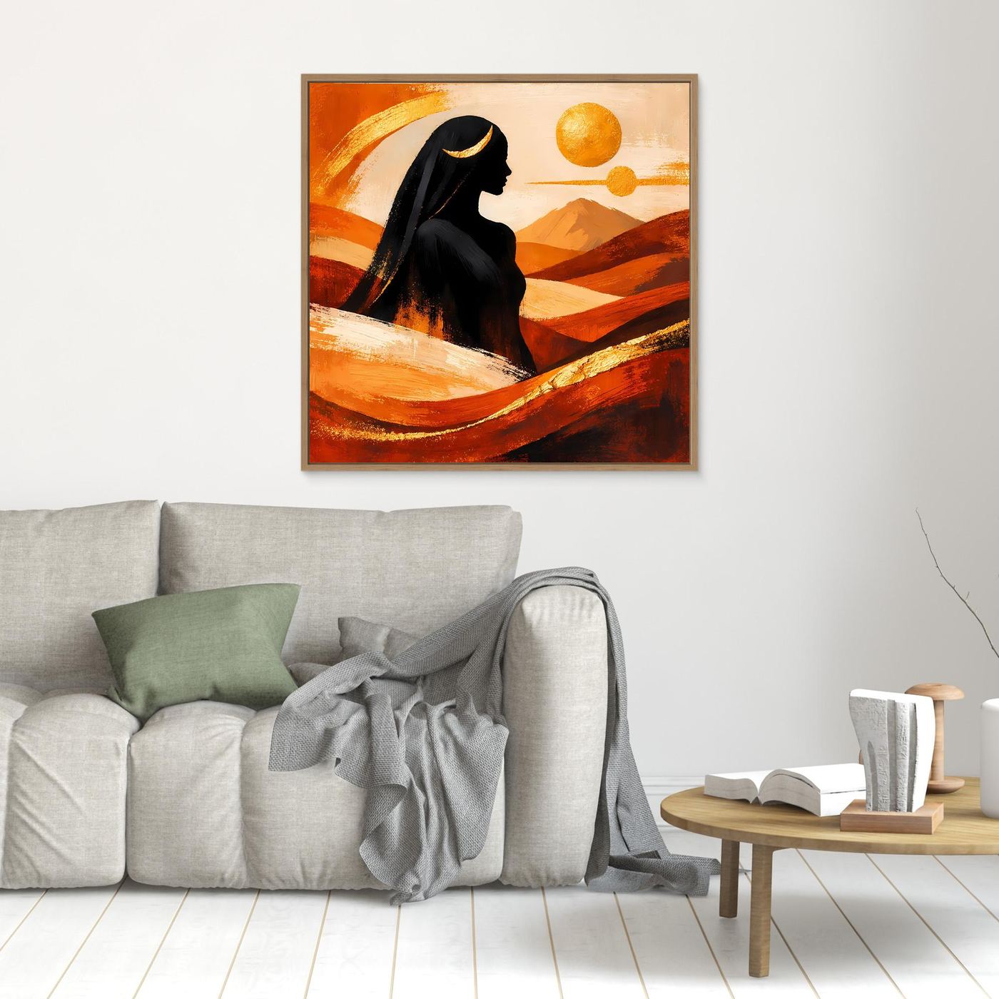 Leinwandbild: Wüstenkönigin mit schwarzer Silhouette, goldene Sonne, Terrakotta, goldener Rahmen