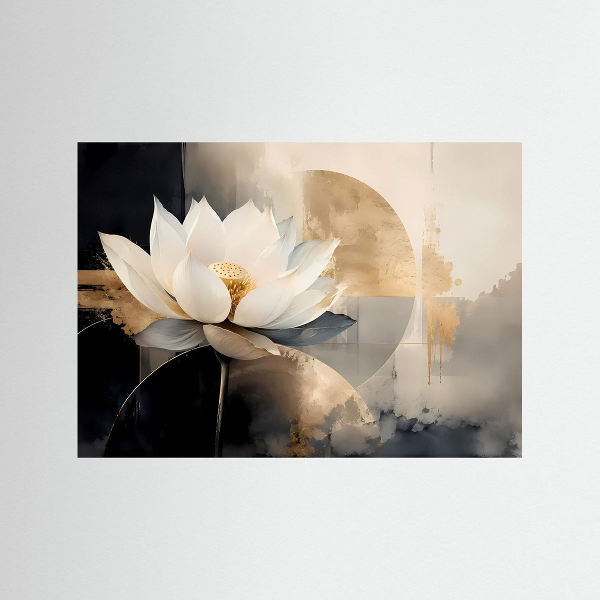 Poster Querformat mit weißer Lotusblüte, schwarz-goldener abstrakter Kreis- und Farbfläche.