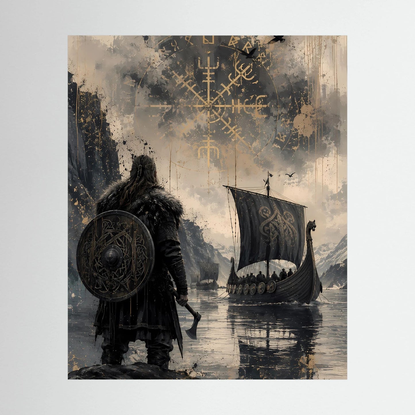 Hochformatiges Poster mit Wikingerkrieger, Rundschild, Langschiff und Runenillustration