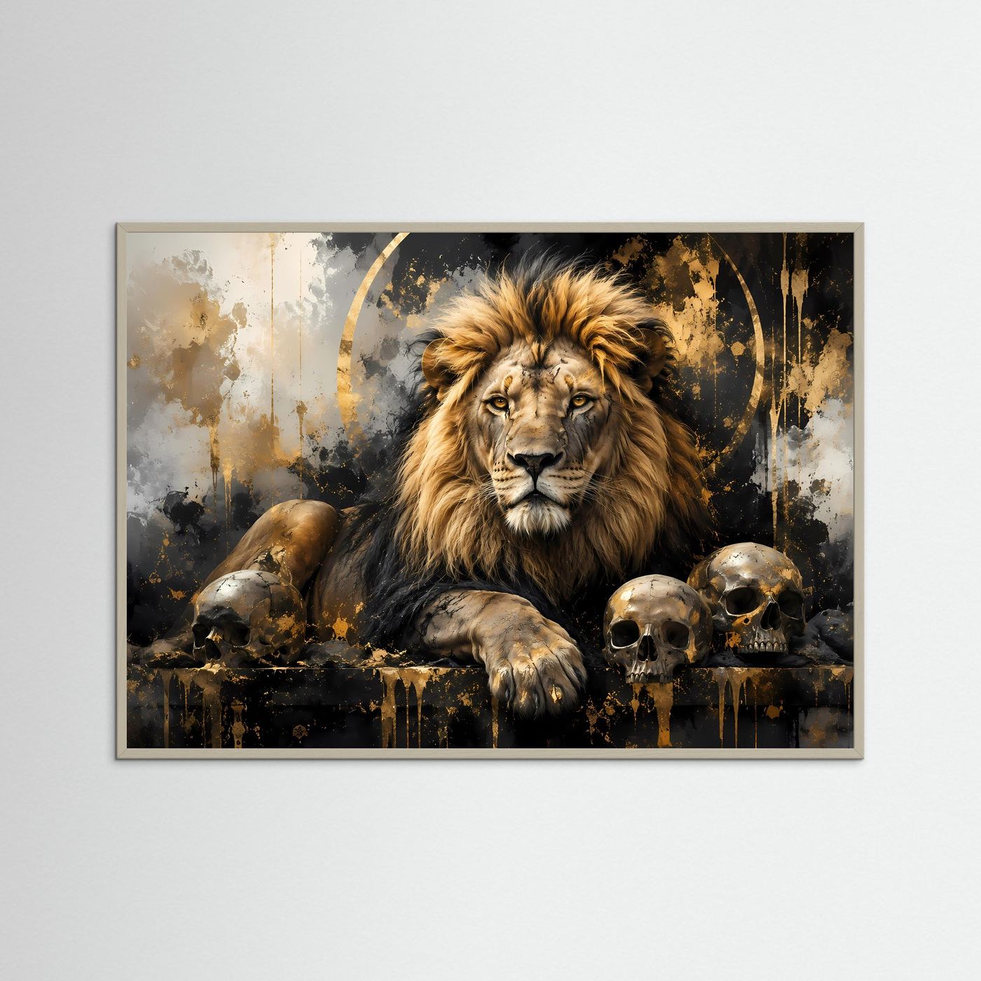 Löwe Poster mit Totenköpfen | Abstrakte Schwarz Gold Löwen Wandkunst | Majestätischer Lion Kunstdruck Modern
