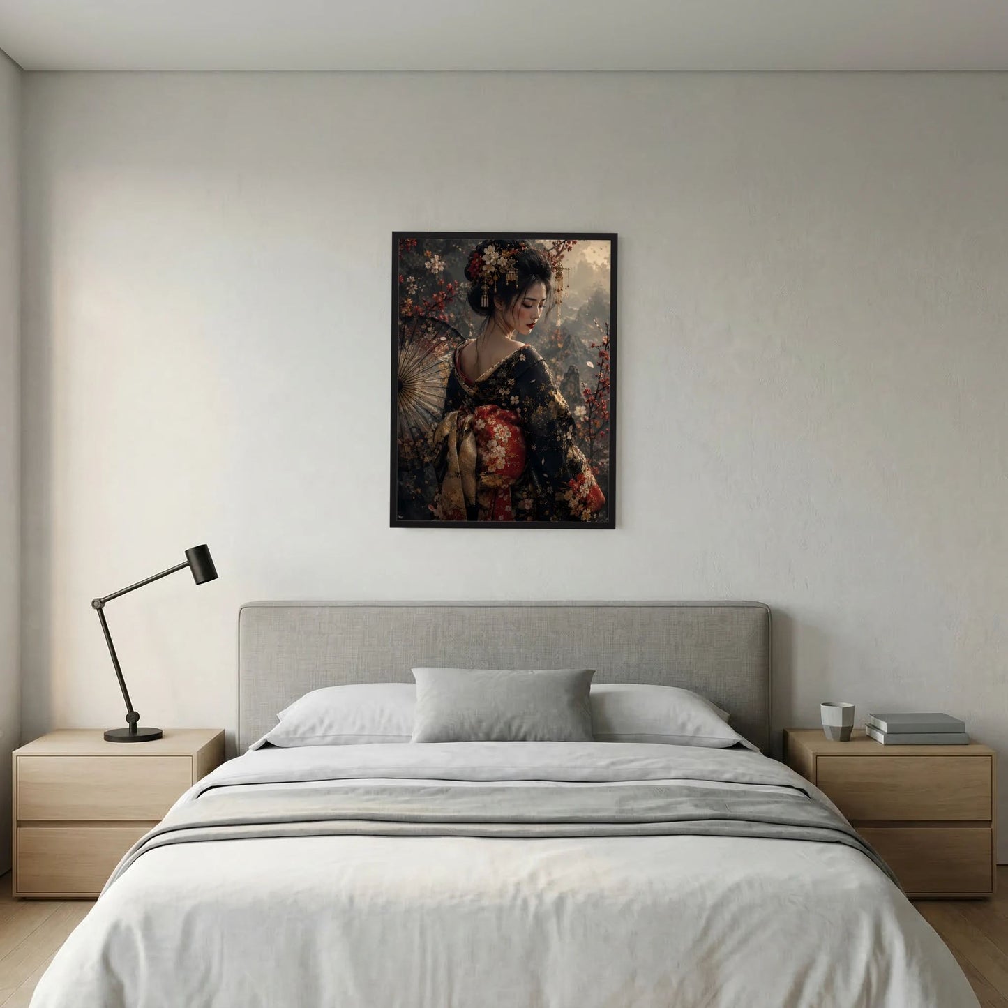 Poster mit japanischer Geisha im floralen Kimono, schwarzer Rahmen, Ganzansicht