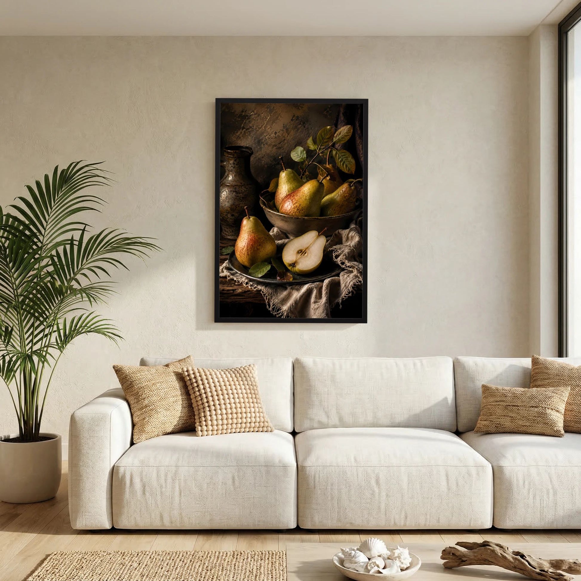 Poster mit Birnenstillleben in schwarzem Rahmen, Birnen in Schüssel mit Tuch und Keramikvase.