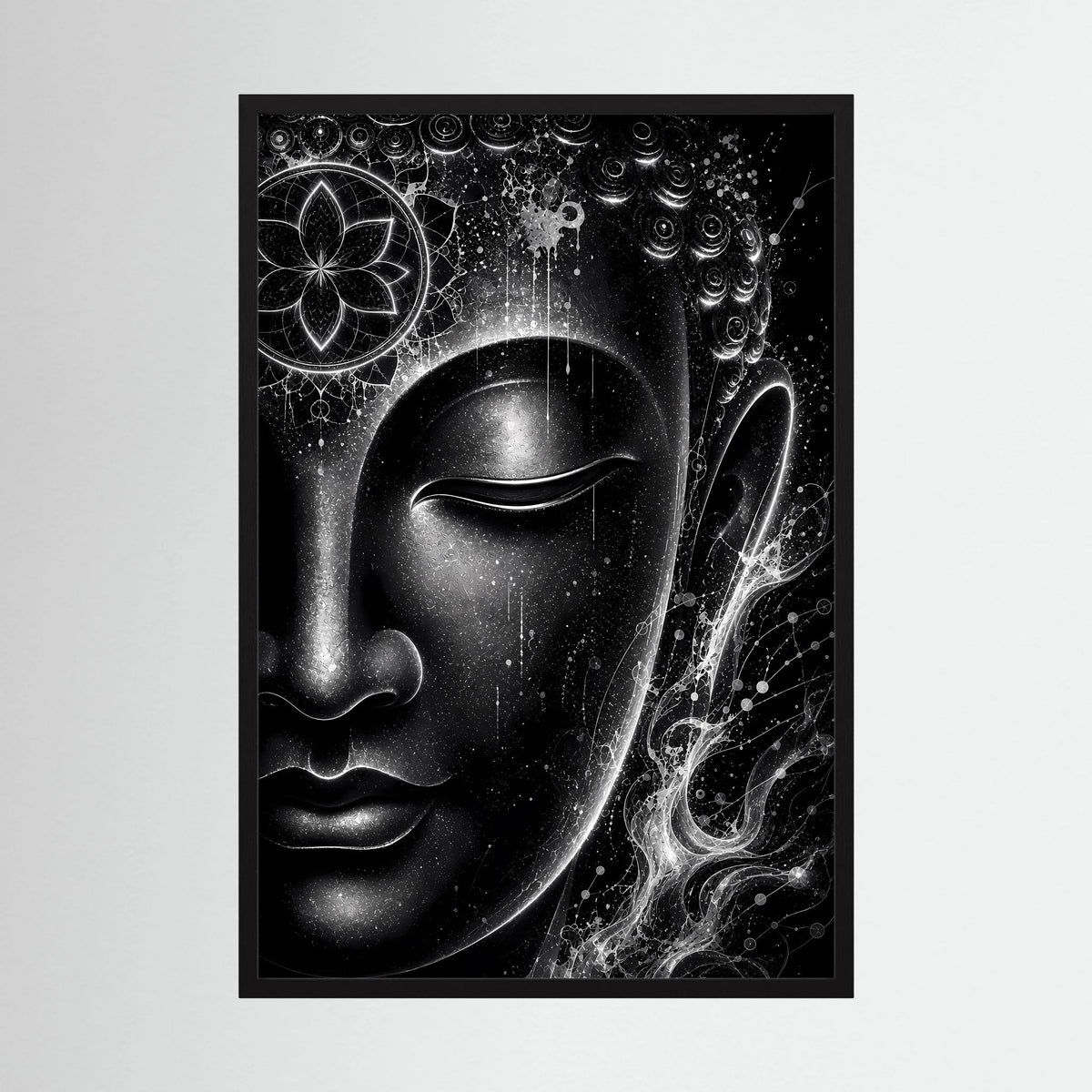 Gerahmtes Poster mit Buddha-Gesicht in Schwarzweiß, Mandala und Licht-Details, Hochformat