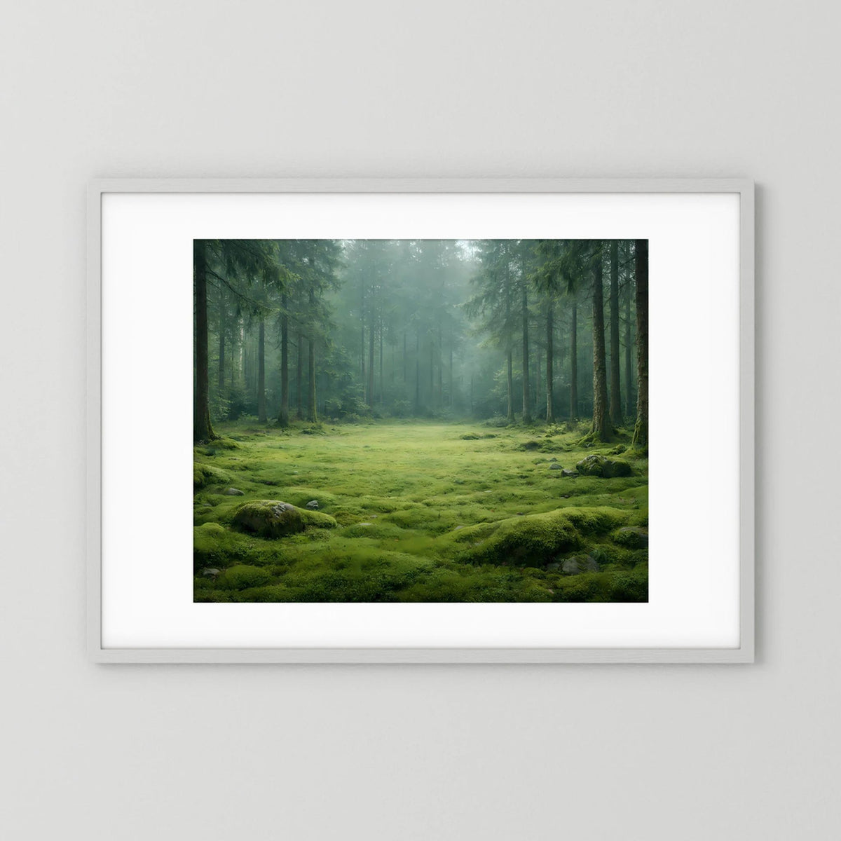 Wandbild im Querformat mit weißem Passepartout: Wald, grünes Moos und Nebellichtung
