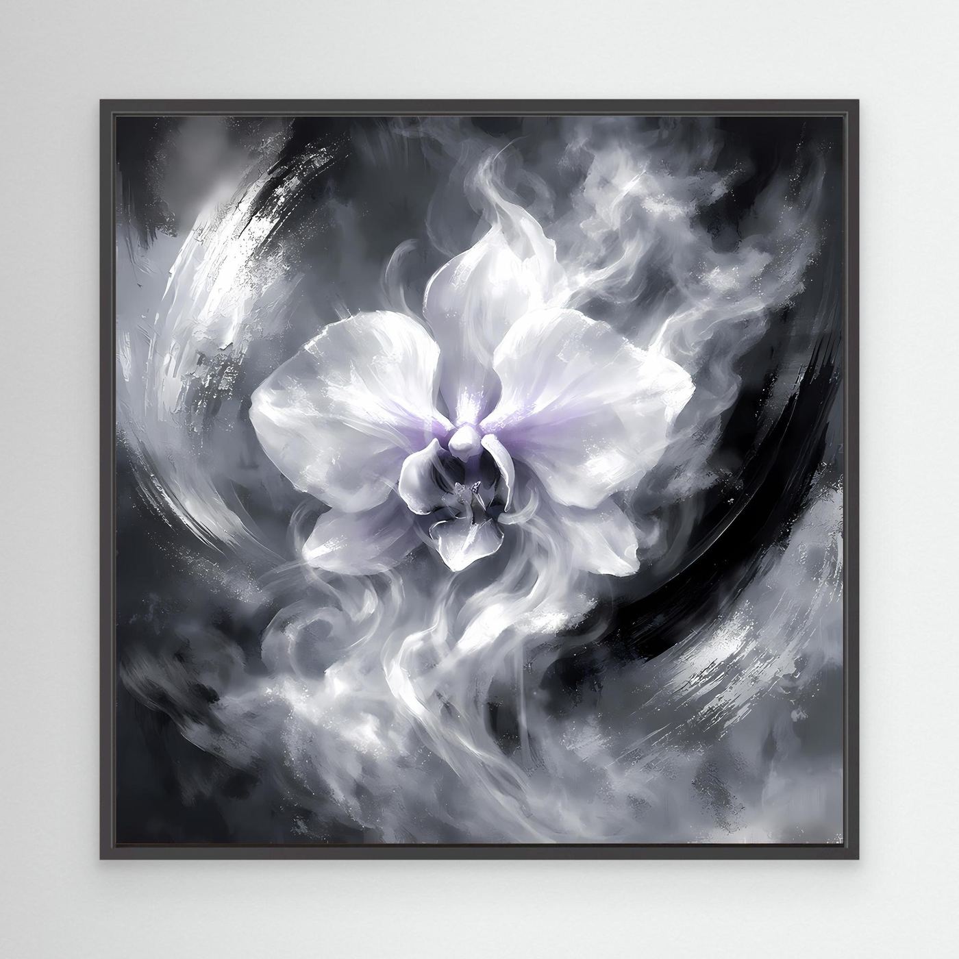 Leinwandbild Orchidee, abstrakt in Schwarzweiß, schwarzer Holzrahmen