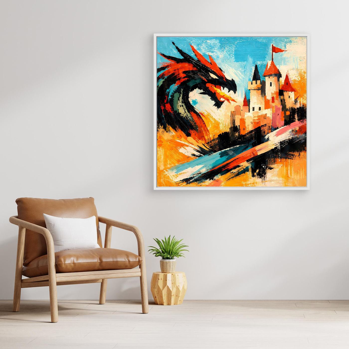 Leinwand Mythischer Drache vor dem Königsschloss | Abstraktes Fantasy Wandbild