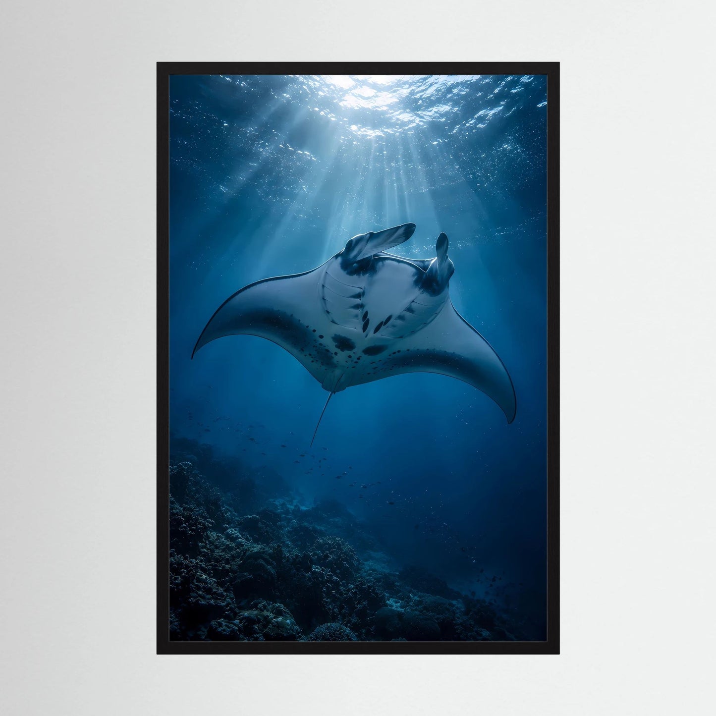Gerahmtes Hochformat-Poster: Mantarochen im tiefblauen Meer, Lichtstrahlen, schwarzer Rahmen