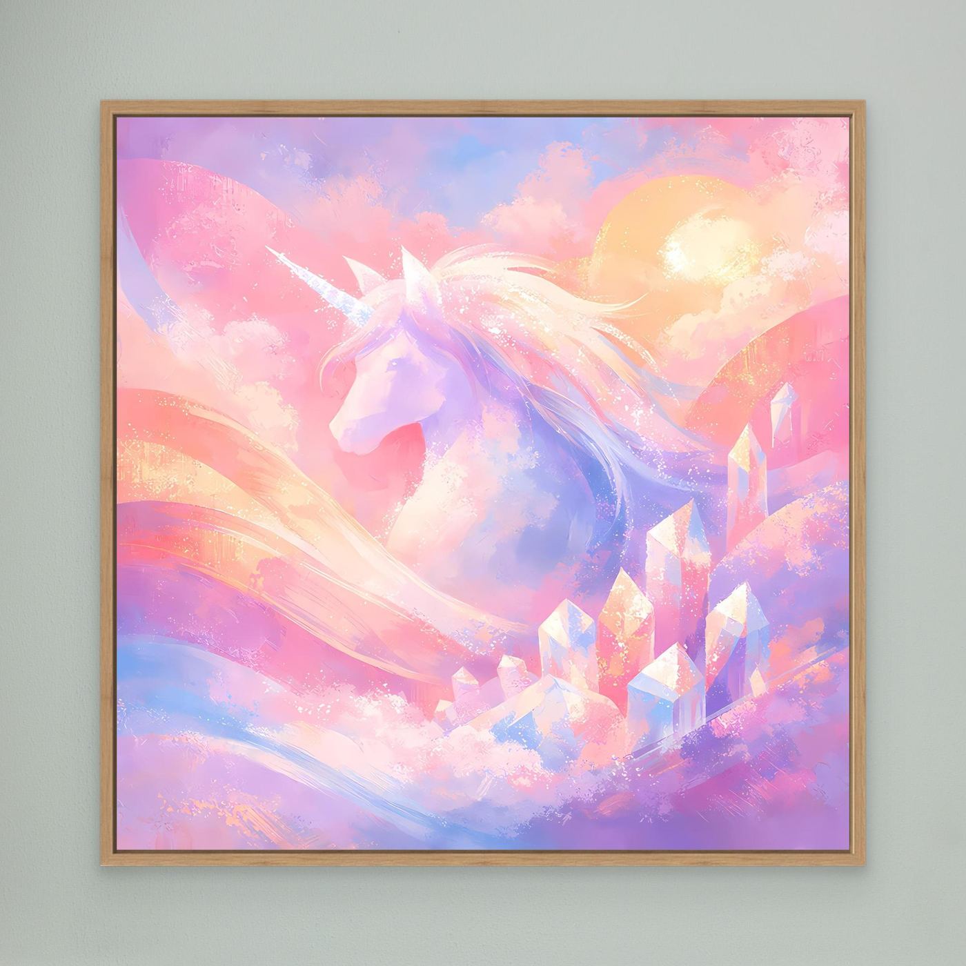 Leinwandbild mit pastellfarbenem Einhorn im Fantasy-Design, Eichenrahmen