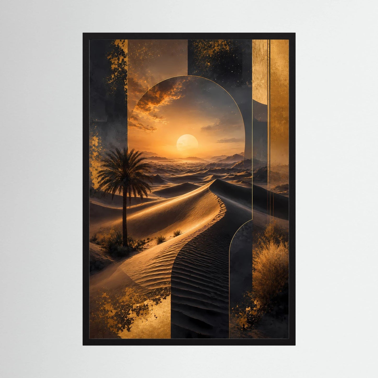 Poster im dunklen Rahmen, abstrakte Wüste mit goldener Düne und untergehender Sonne