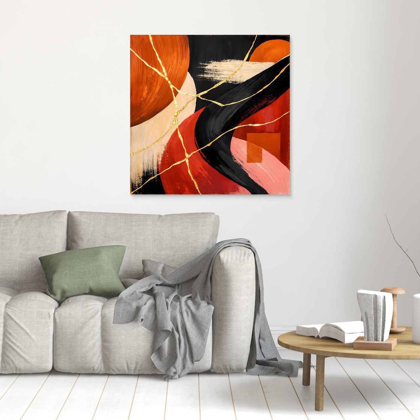 Abstraktes Leinwand-Wandbild mit Goldaderlinien, rot-schwarze Formen, klein, ohne Rahmen