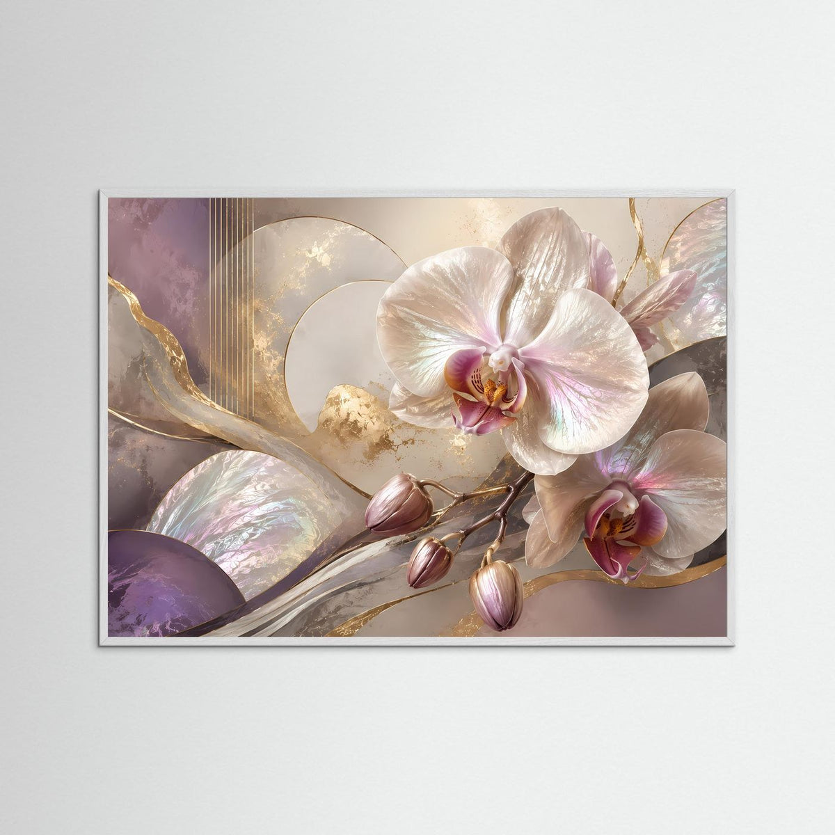 Blumenposter Querformat mit weißen Orchideen, Rosé- und Goldakzenten, weißer Holzrahmen