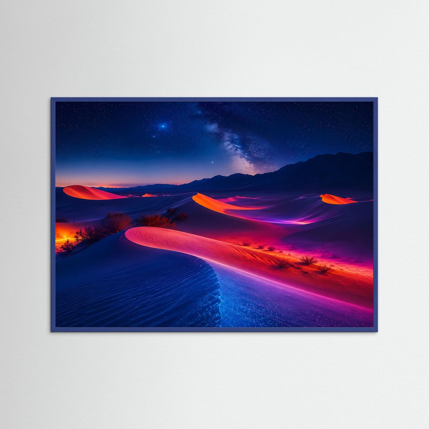 Leuchtende Neon-Wüste bei Nacht | Futuristische Dünen Landschaft Poster Querformat