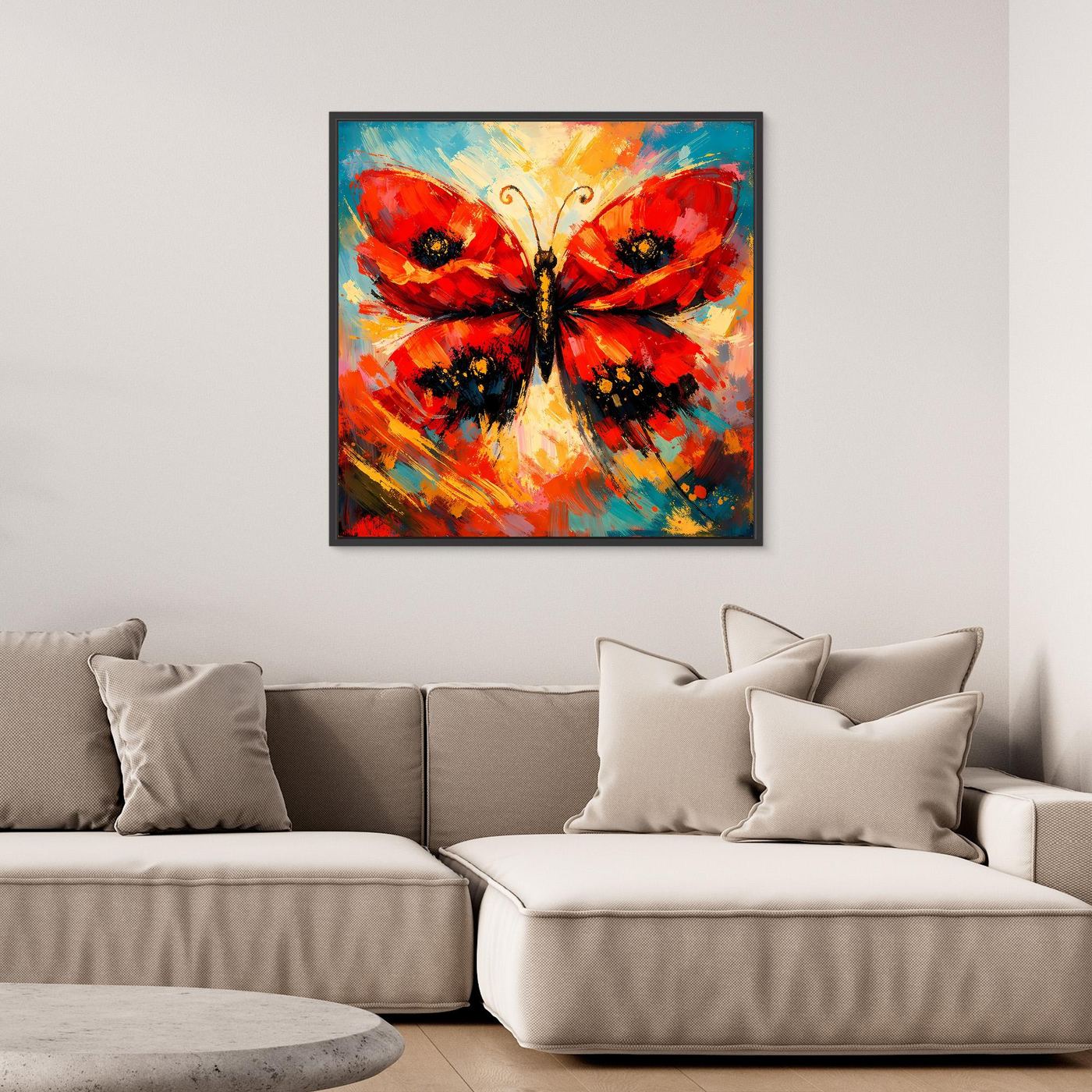 Gerahmtes Leinwandbild mit abstraktem Schmetterling in Rot, Schwarz und Türkis