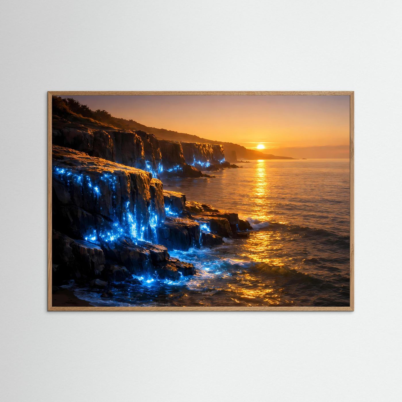 Küstenposter (Querformat) mit braunem Holzrahmen: leuchtende Klippen und blauer Glanz bei Sonnenuntergang.
