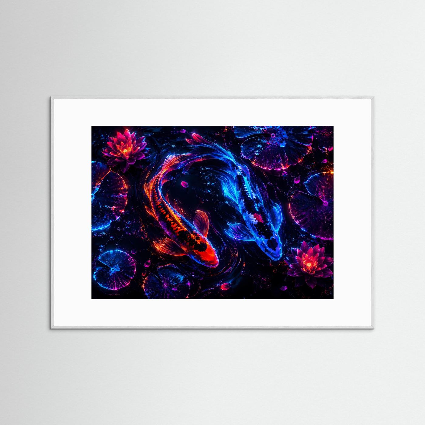 Neon Koi Yin Yang | Futuristisches Lotus-Wandbild in Blau, Pink & Orange